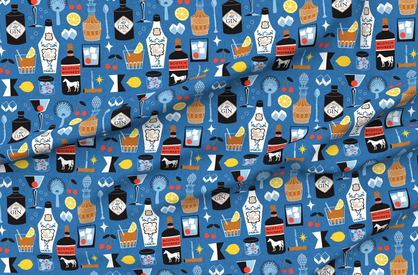 Spoonflower Fabric - Retro Cocktails Bartending Novelty MCM Midcentury Modern Spirits Printed on Petal Cotton Fabric Fat Quarter - Sewing Quilting Apparel Crafts Decor