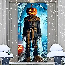 Fantasia masculina de espantalho de cabeça de abóbora de Halloween para casa assombrada, máscara de Jack-o'-Lantern com faixa pendurada na porta da frente, decoração de férias 180 x 89 cm