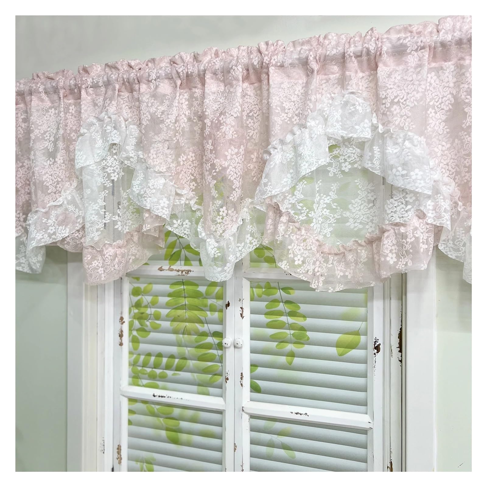 MFESFCS Swags For Windows 1Pc,Princess Style White Pink Double Layer Jacquard Lace With Ruffles Swag Waterfal Valance Sheer Curtains For Room Window