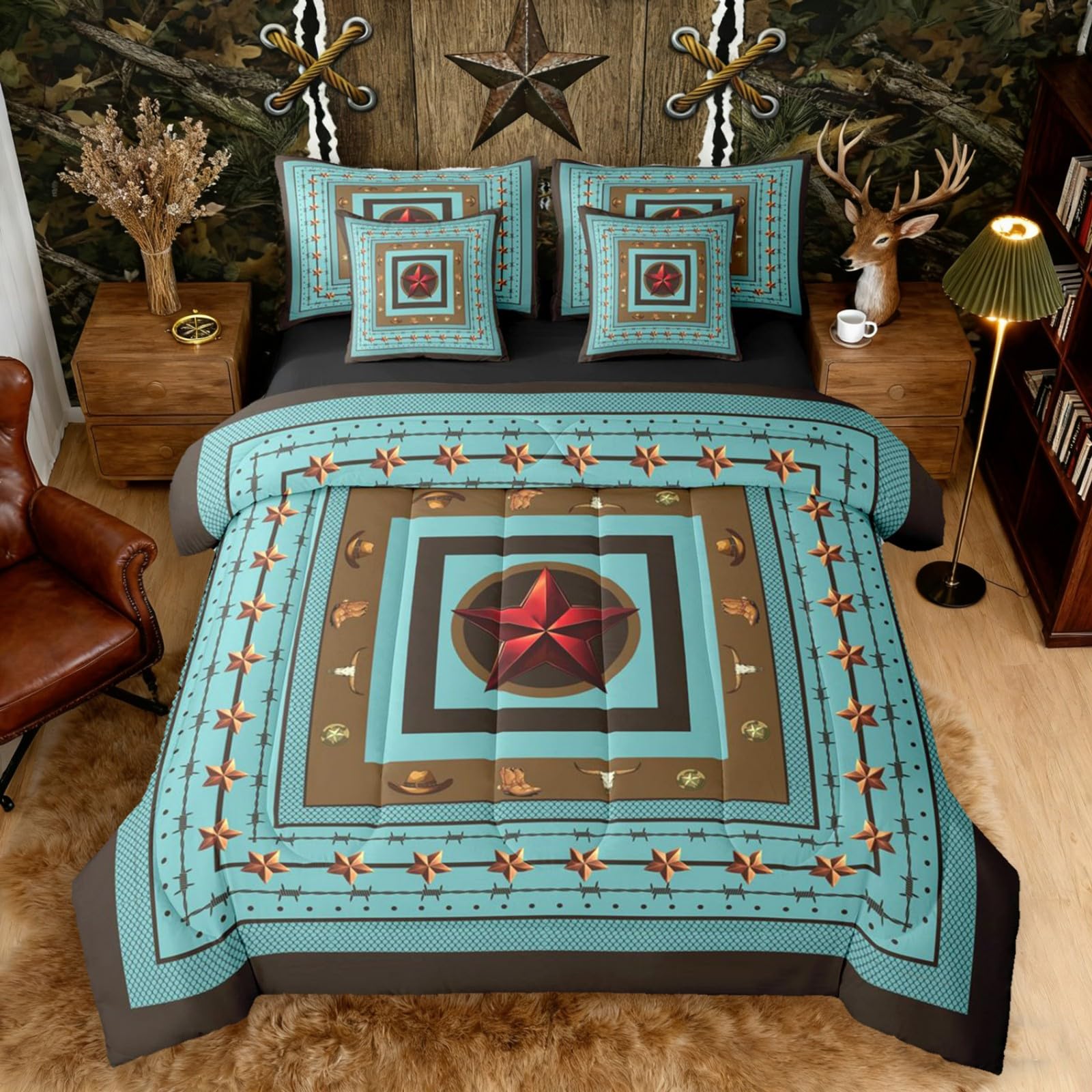 Red Western Texas Star Queen Comforter Set with Sheets | Bull Skull 7 Piece Bedding Set Cowboys Gifts Western Bed in a Bag,Cowboy Boots for Boys Brown Cowboy Hats for Women Boho Rustic Farmhouse Decor