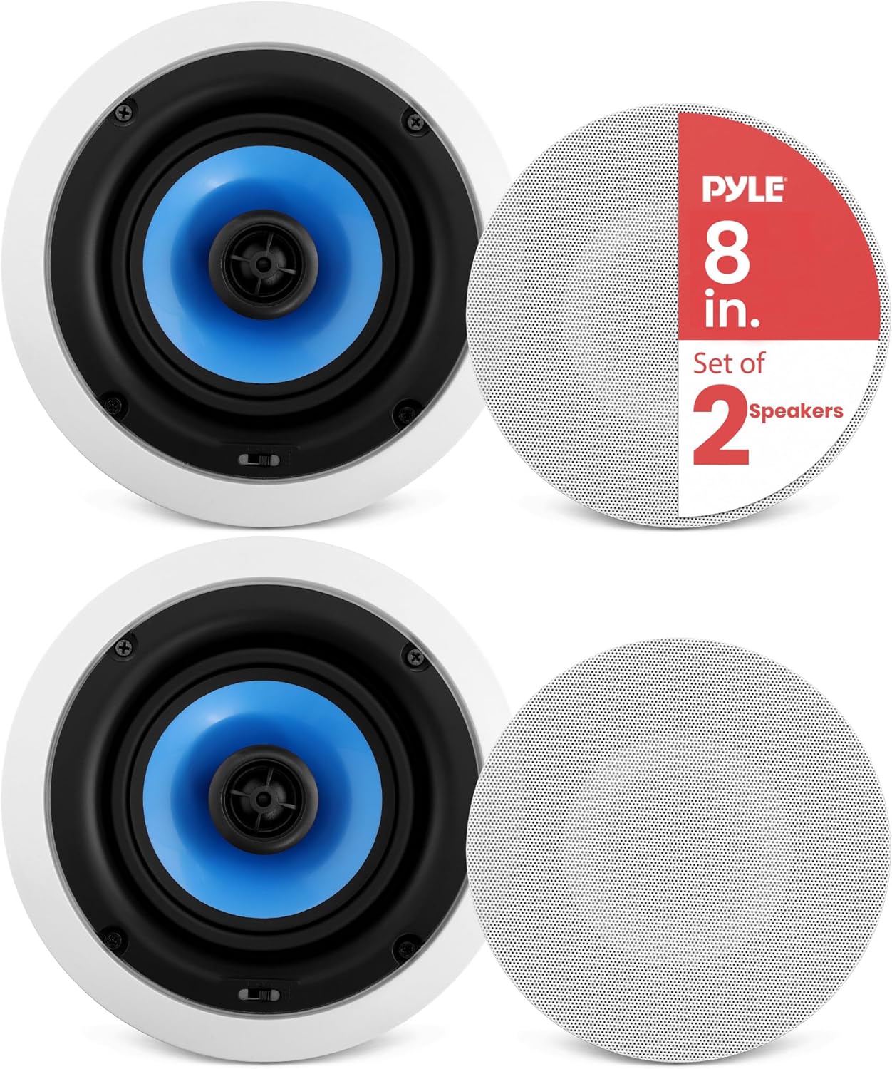 Pyle 8” In-Wall / In-Ceiling Speakers, 250W Peak, Hi-Fi Stereo Sound, Pivoting Adjustable Coaxial Silk Dome Tweeter, Poly Cone Woofer, Stain Resistant Grill, For Home Theater, Custom Installs- Pair