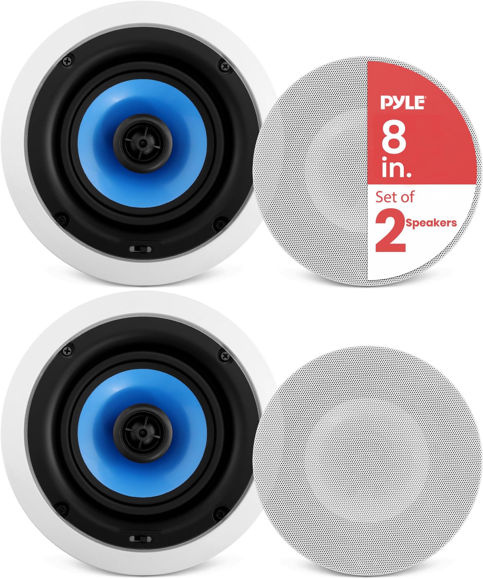Pyle 8” In-Wall / In-Ceiling Speakers, 250W Peak, Hi-Fi Stereo Sound, Pivoting Adjustable Coaxial Silk Dome Tweeter, Poly Cone Woofer, Stain Resistant Grill, For Home Theater, Custom Installs- Pair