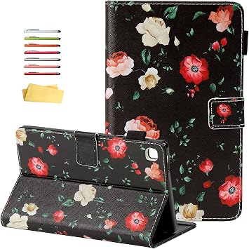for Samsung Galaxy Tab A7 Lite 8.7 inch 2021 Case Model SM-T225/T220 with Pencil Holder Pockets Multi-Angle Stand, Magnetic PU Leather Shockproof TPU Back Folio Cover, Pink Red Flower