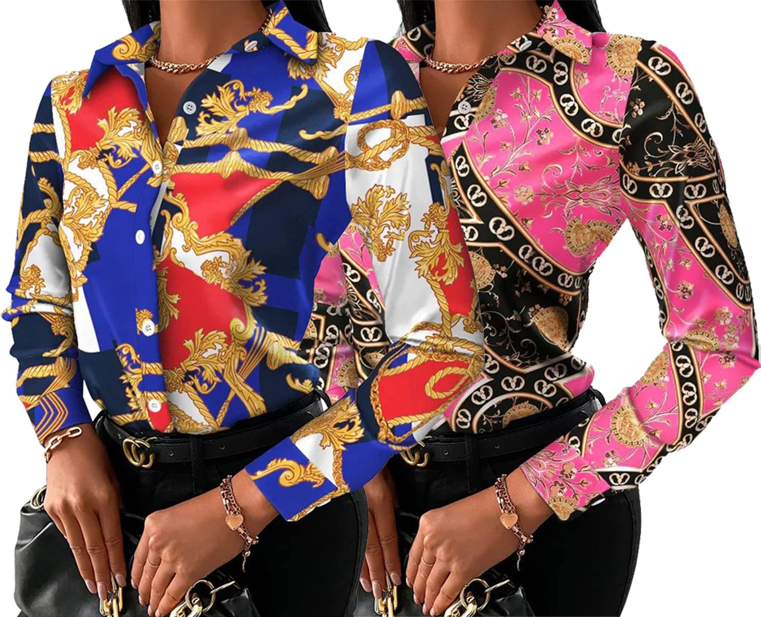 Buchona Outfits for Women Collar Blouses Button Down Shirts Colorful Long Sleeve Floral Print Tops Loose Sexy T-Shirts - Image 4