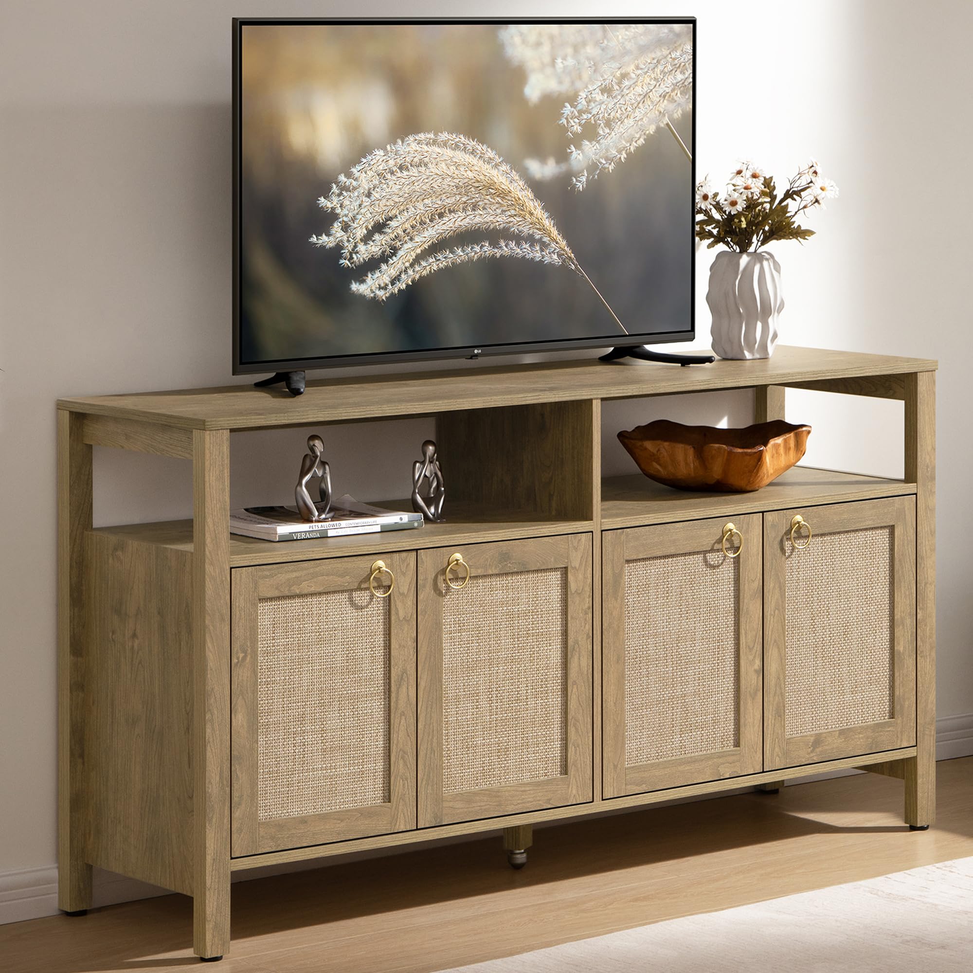 SICOTAS Rattan TV Stand for Television up to 65 Inch - 29.5" Tall Entertainment Center with Storage and Open Shelves,Boho Media TV Console Cabinet