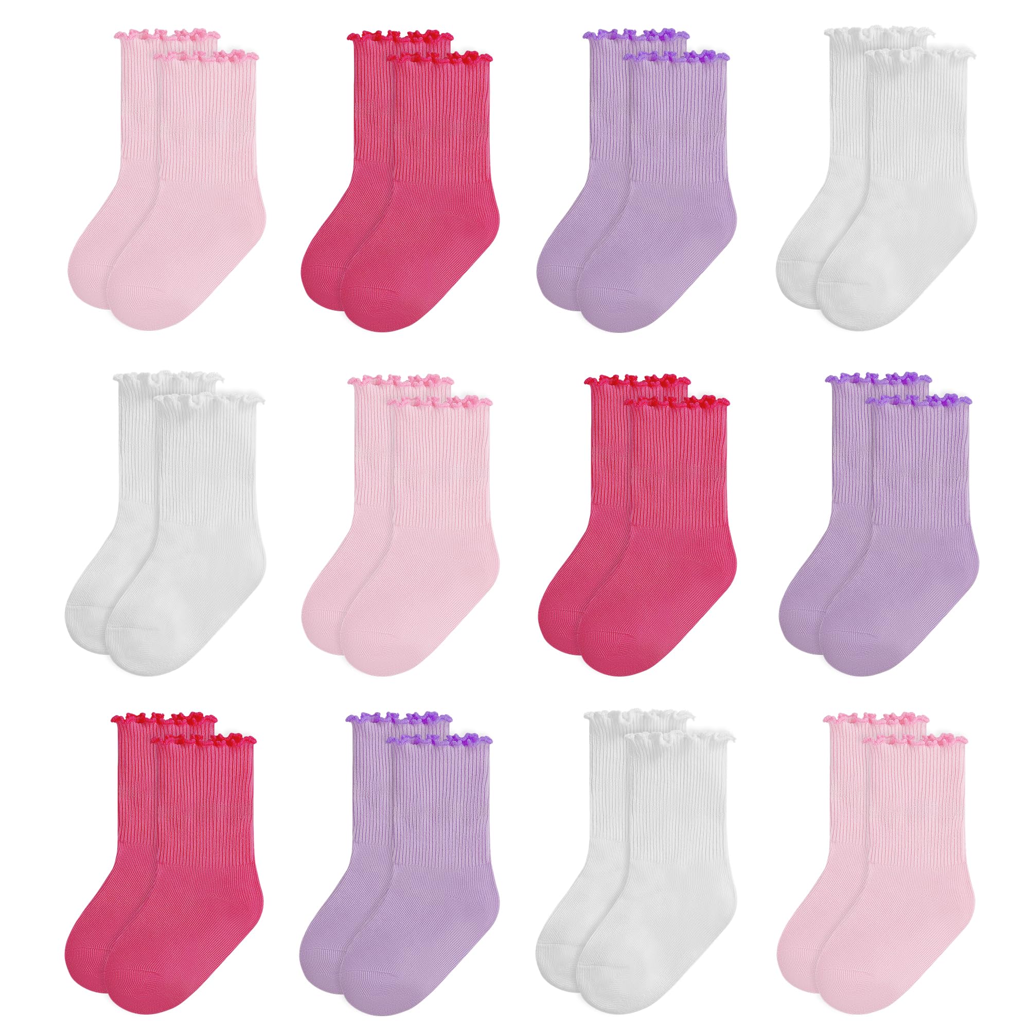 TRAMLE Baby Girls Socks 12 Pack Ruffle Ripple Edge Turn Cuff Ankle Socks Toddlers Infants (0-12 Months)