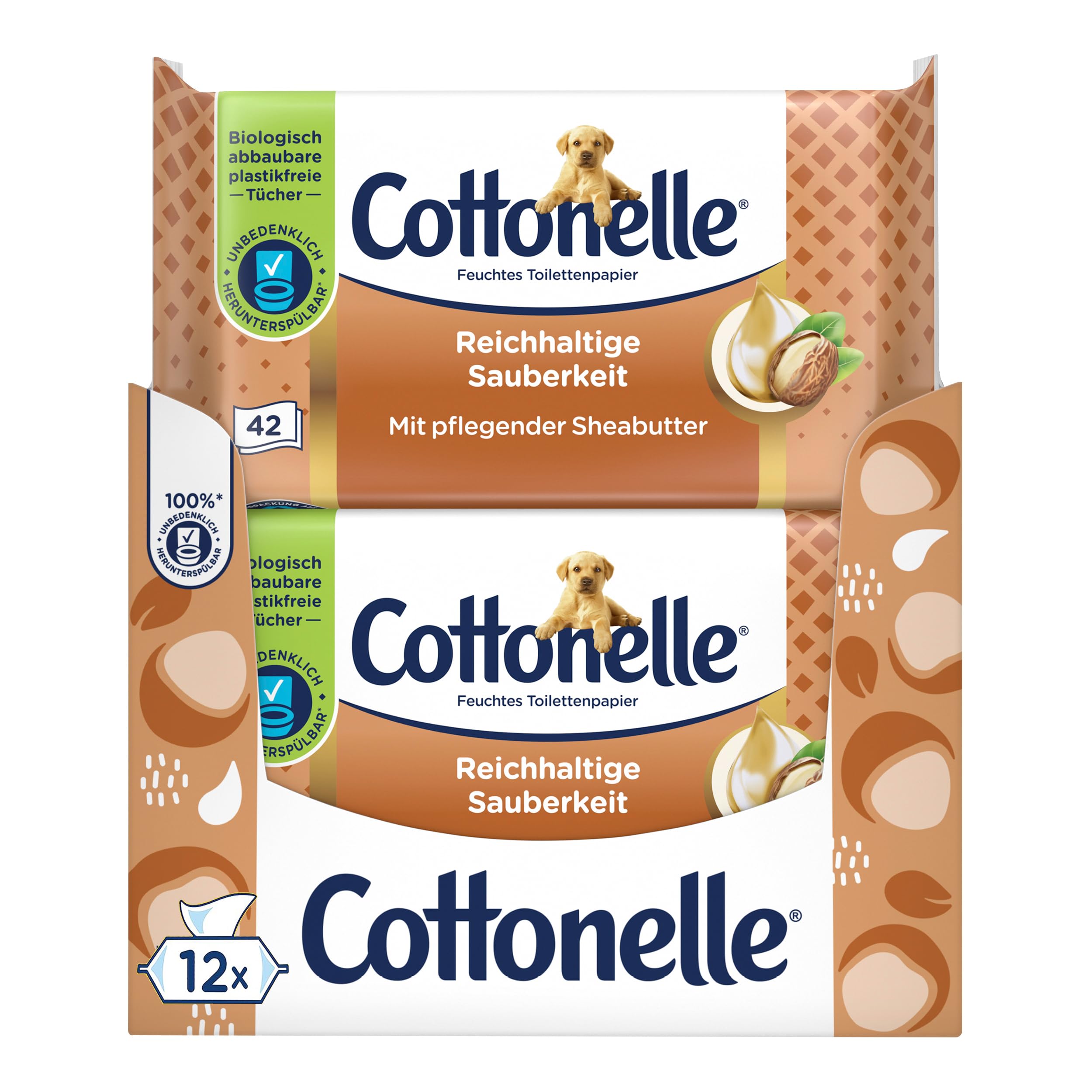 Cottonelle Mein Spa mokry papier toaletowy, masło kaszmirowe i shea, biodegradowalny, nie zawiera plastiku, możliwość ponownego zamknięcia, opakowanie ekonomiczne, 12 x 42 chusteczki nawilżane