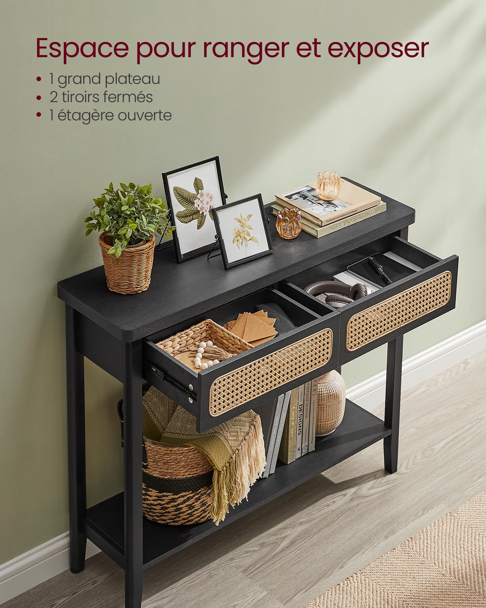 en.casa] Consoletafel Varberg met 2 lades en verstelbare onderplank 120x30x75 cm eikenkleurig en zwart