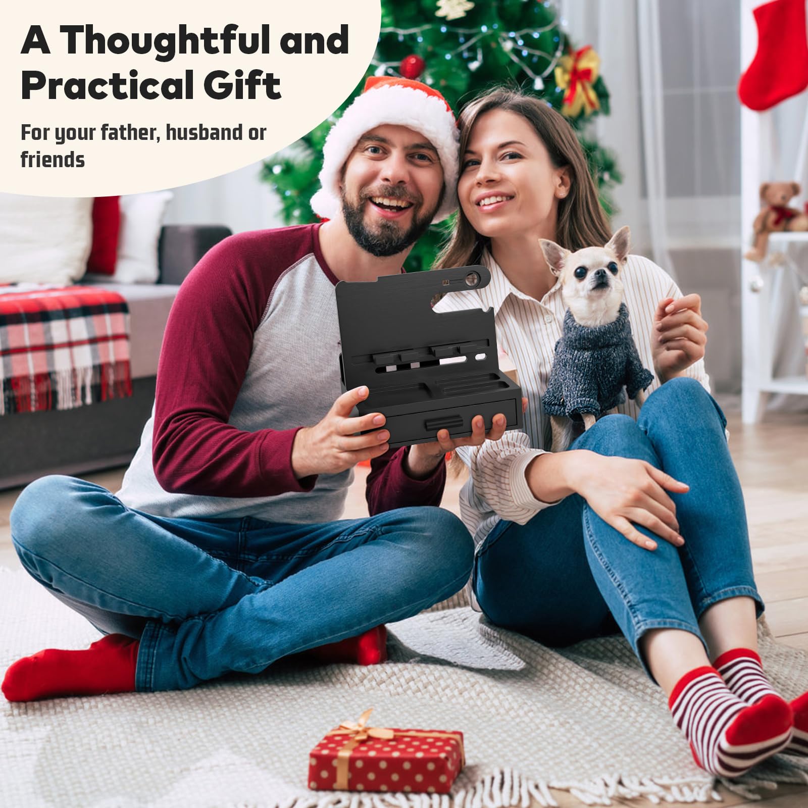Sephyroth Docking station per telefono in bambù, organizer per comodino, supporto per cellulare, regalo per uomini, regalo di Natale per fidanzato, regalo per marito, con cassetto portaoggetti (nero)