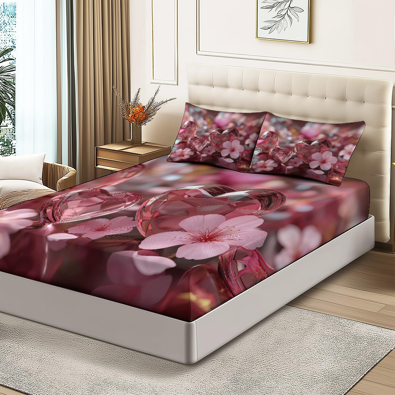 Lenzuolo con Angoli180 x 200 + 30 cm, Stampa 3D Forma Di Cuore Floreale per Bambini Ragazzi Adolescenti Adulti - Lenzuolo con Angoli in Morbida Microfibra Rosso