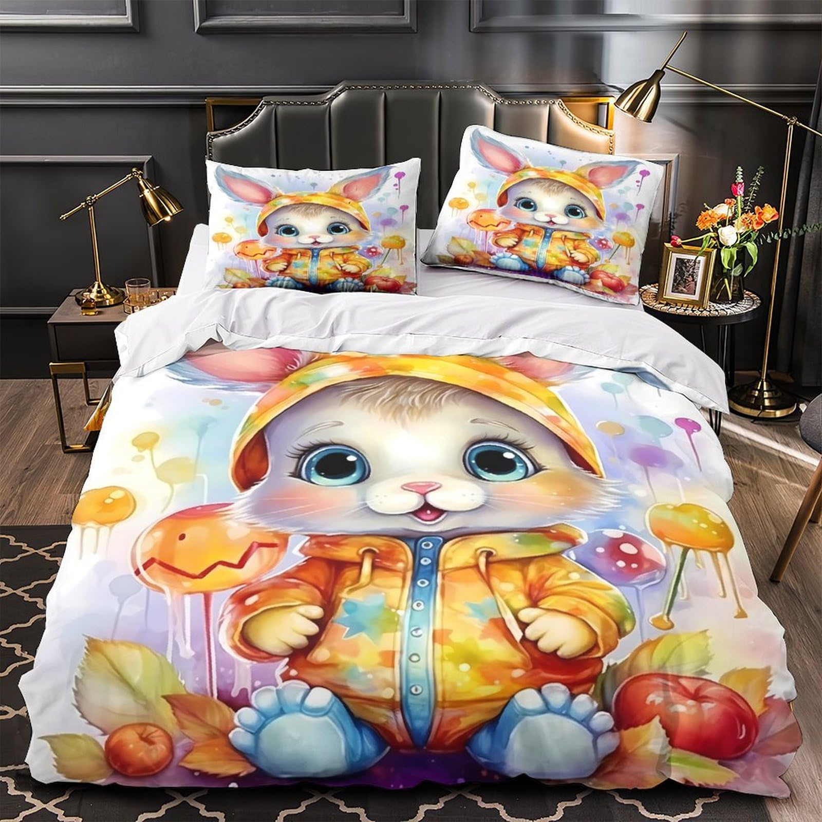 Housse de couette microfibre respirante haut de gamme motif lapin chapeau 3D
