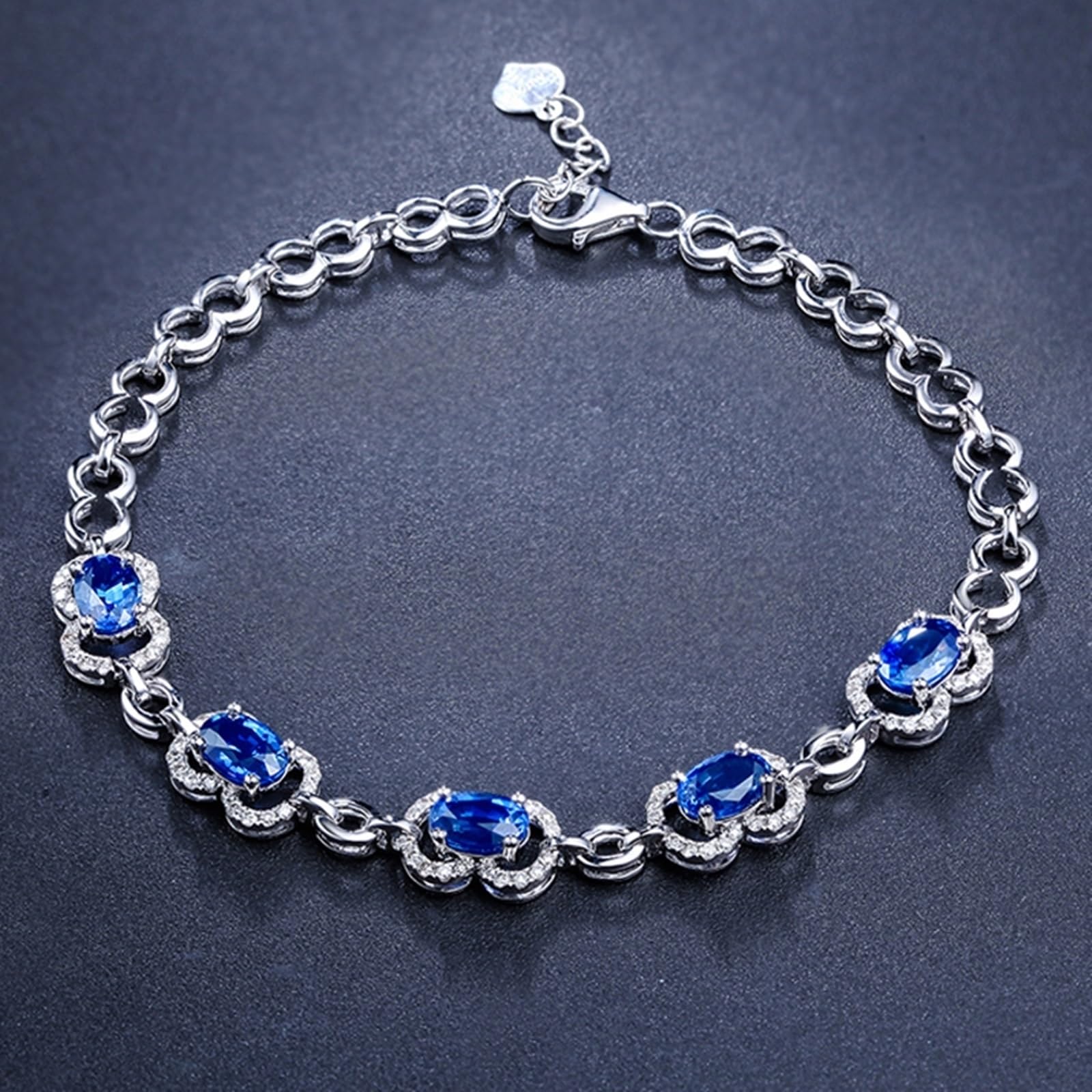 Bracciale in Oro Bianco 750/585/375 Vero, Bracciale con Zaffiro Sintetico 3.5ct 16-18 cm Estensione 4 cm con Moissanite, Braccialetto Donna Fidanzati