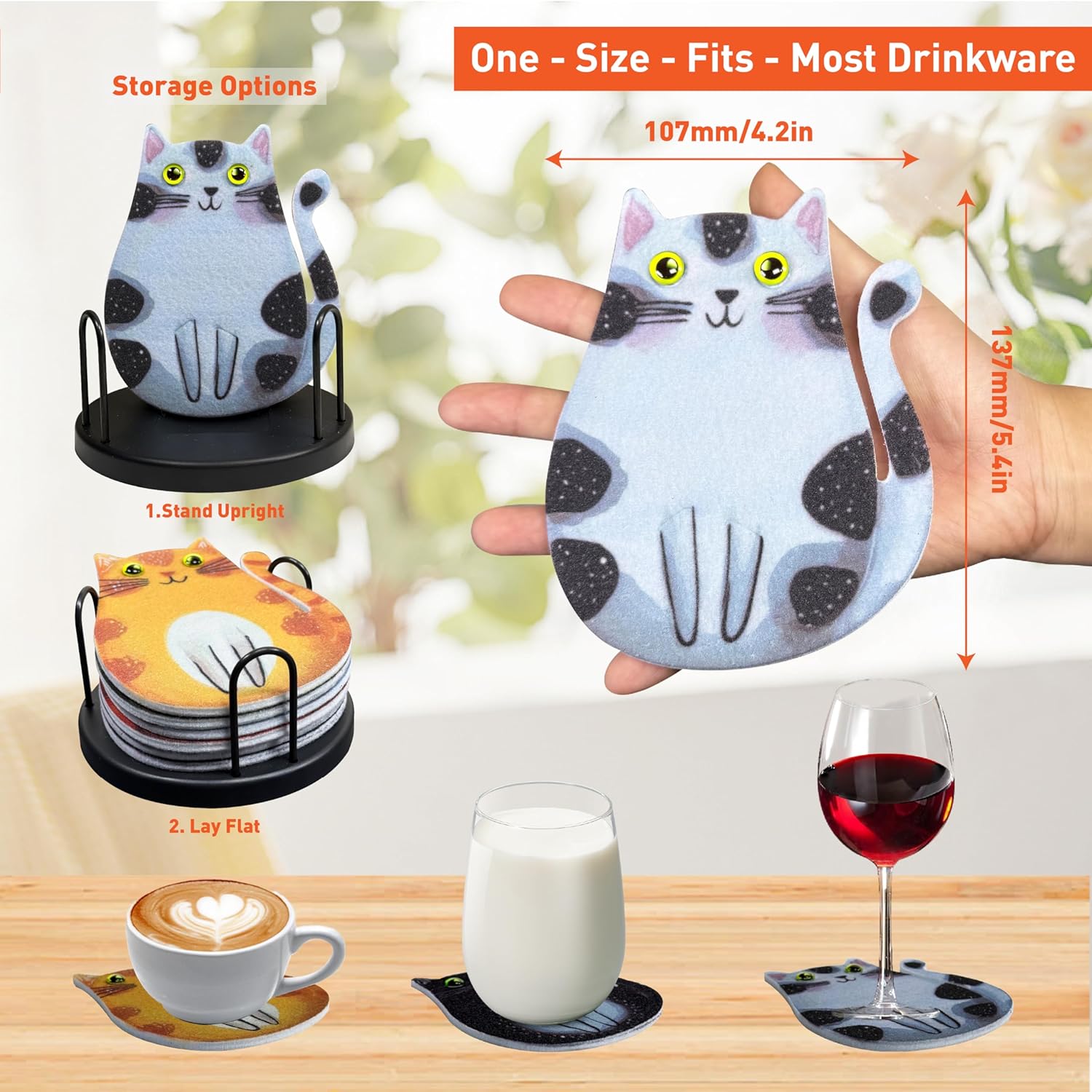 Cartoon Cat Coasters 6-Pack, Super Cute Absorbent Felt Coasters for Drinks, Non-Slip Scratch Protection for Wood Tables, Washable Rugged Coaster Set with Holder, Fun Gift for Cat Lovers (6PC) - Image 6