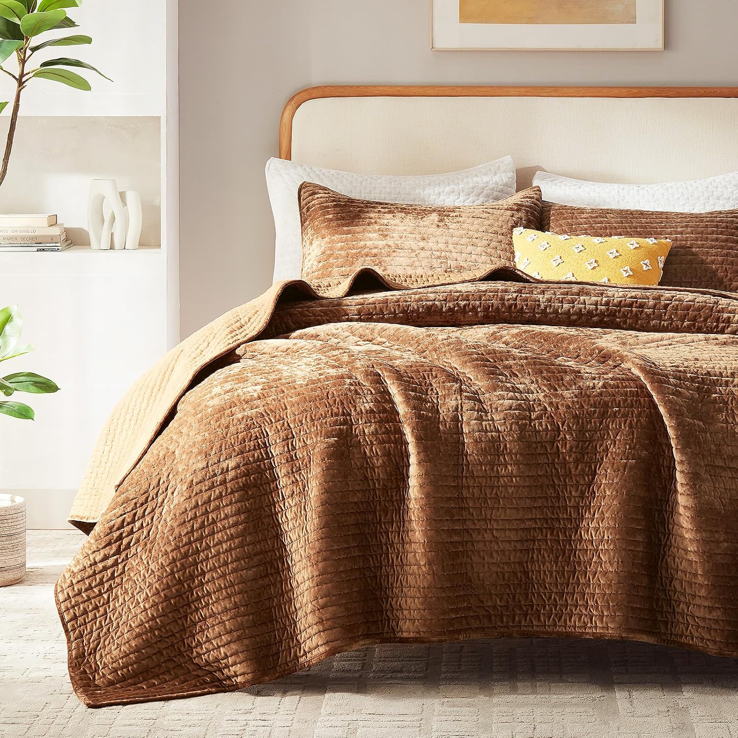 LEAONME Luxury Velvet Quilt Set Oversized California King Size 120''x120'', Soft Striped Channel Comforter with Rice Stitch Detailing, Lightweight All-Season Bedspread Coverlet w/ 2 Shams, Beige/Taupe