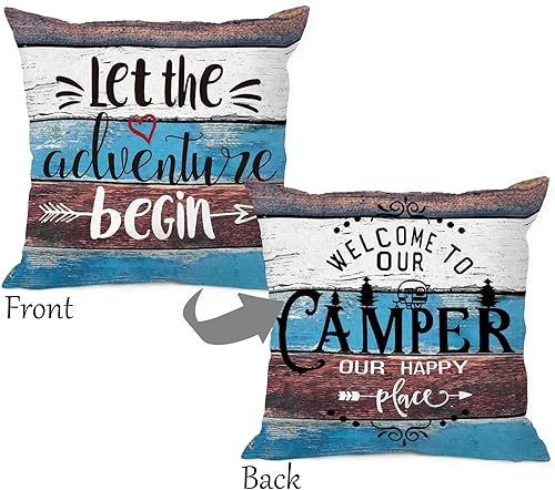 Miniatura 2 de Funda de almohada rústica con texto en inglés "Welcome to Our Camper Let The Adventure Begin", 18 x 18 pulgadas (reversible), decoración de camping,