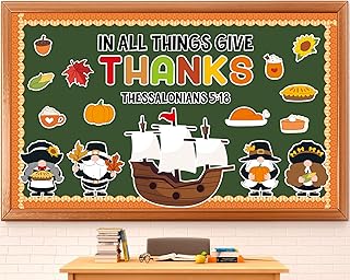 Thanksgiving Christian Bulletin Board Decoration Bible Church Fall Gnomes Bulletin Board Religious Pilgrim Wall Art IN ALL THINGS GIVE THANKS Cutouts for Classroom Sunday School Home Party Supplies