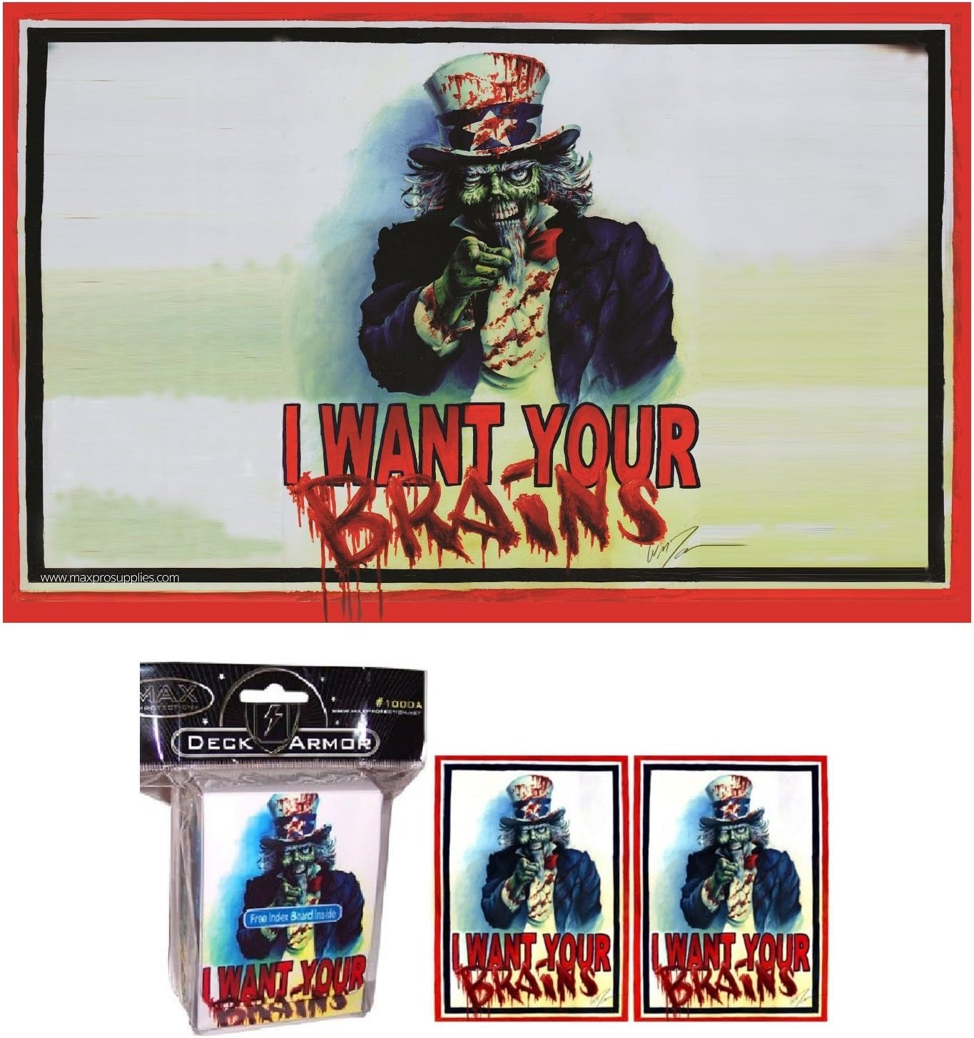 I Want Your Brains! Zombie Playmat + Deck Box + 100 Matching Gloss Finish Sleeves (fits Magic/MTG Cards) by MAX PRO
