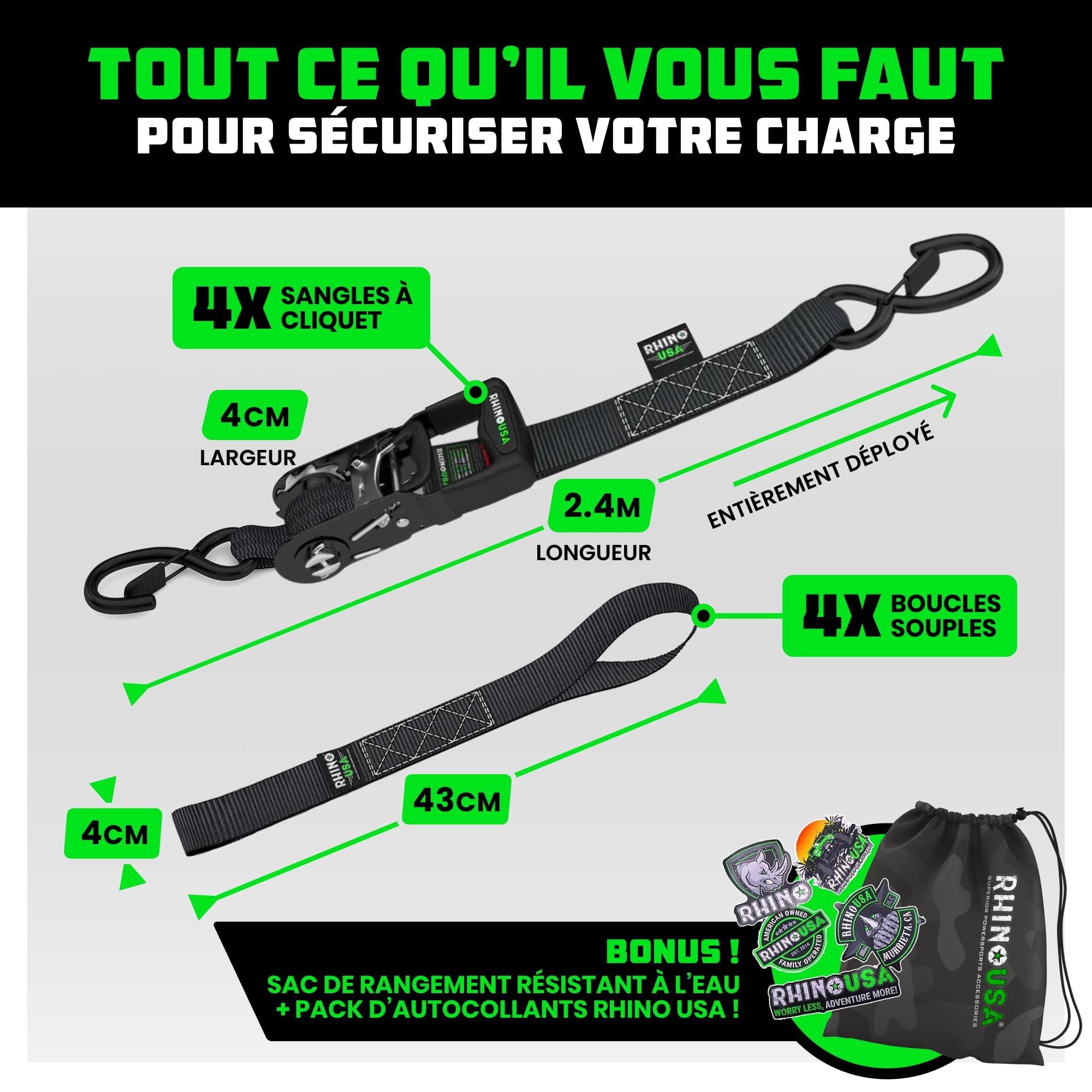 Kit de sangles à cliquet robustes Rhino USA (4 pièces) – 4 cm x 2,4 m (résistance à la rupture de 2 000 kg) – Sangles d'arrimage avec crochets en S pour quads, motos, chargements et plus encore – Noir