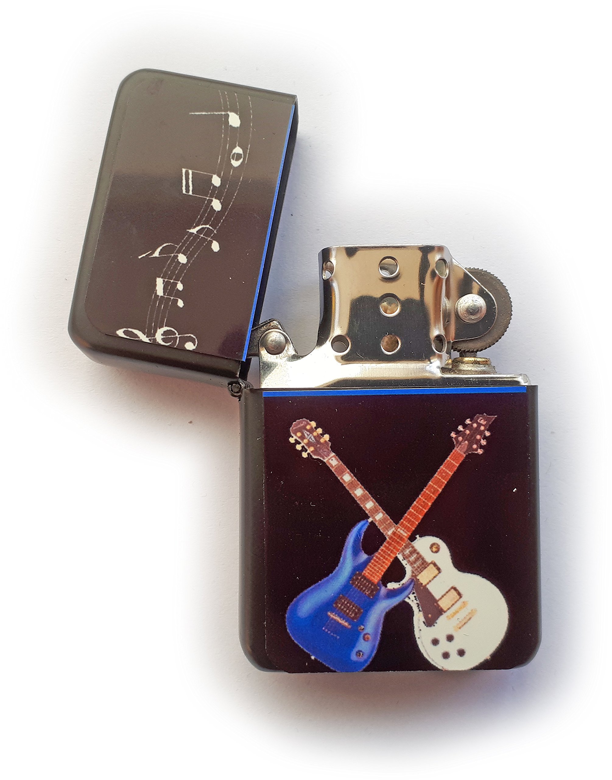 Stoneys Badges Black Crossed Guitars Petrol Lighter In Pouch Music Rock And Roll