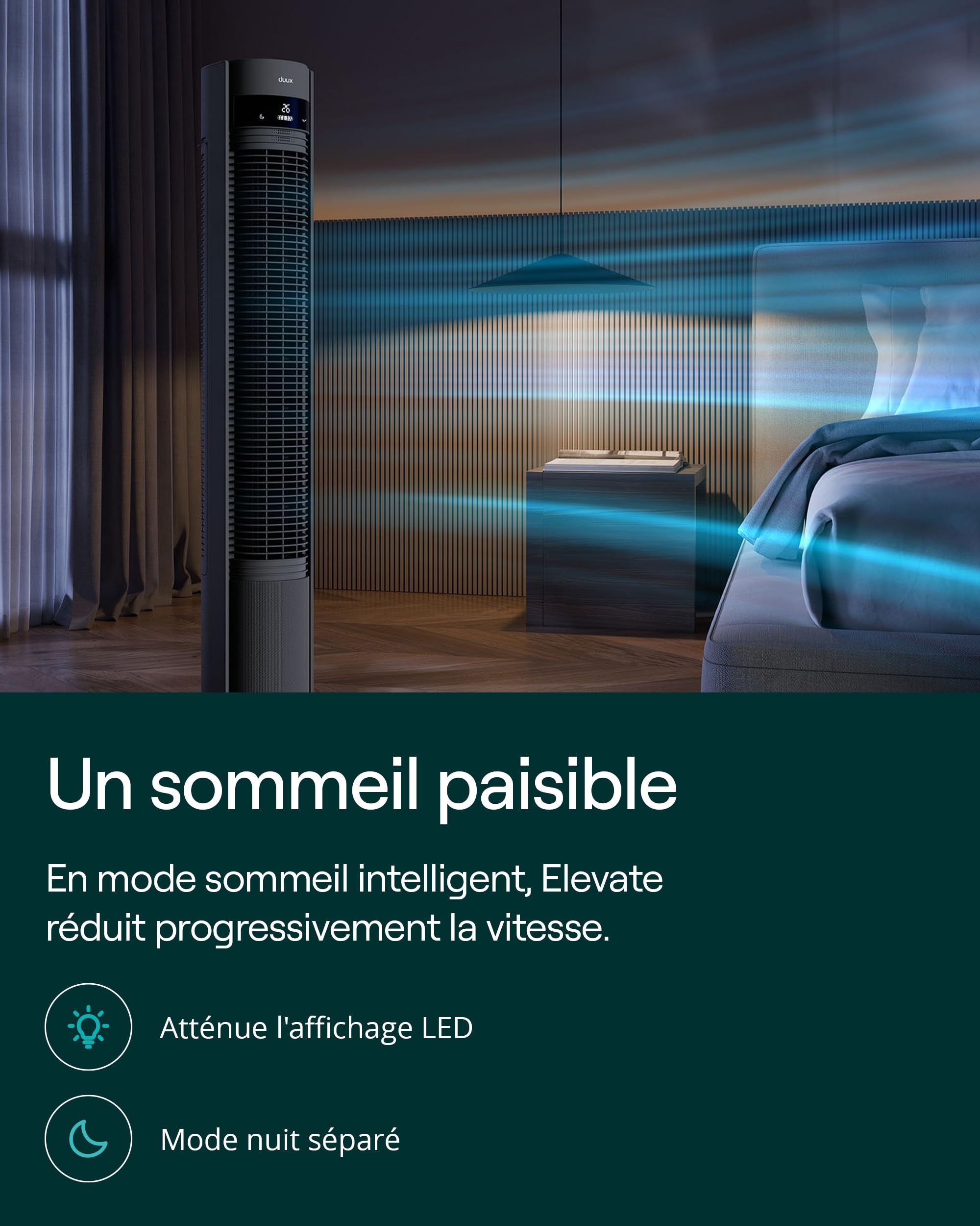 Duux Elevate Ventilateur Colonne – 26 Vitesses, Oscillation 80°, Seulement 25 dB, Ioniseur, Minuterie (1–12h), Mode Nuit, Écran Tactile & Télécommande – Silencieux & Intelligent – Gris
