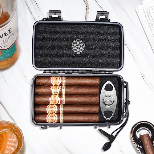 Miniatura 8 de Flauno Estuche para humidor de cigarros de viaje, caja de cigarros portátil con disco humidificador y cortador de puros, impermeable, hermética,