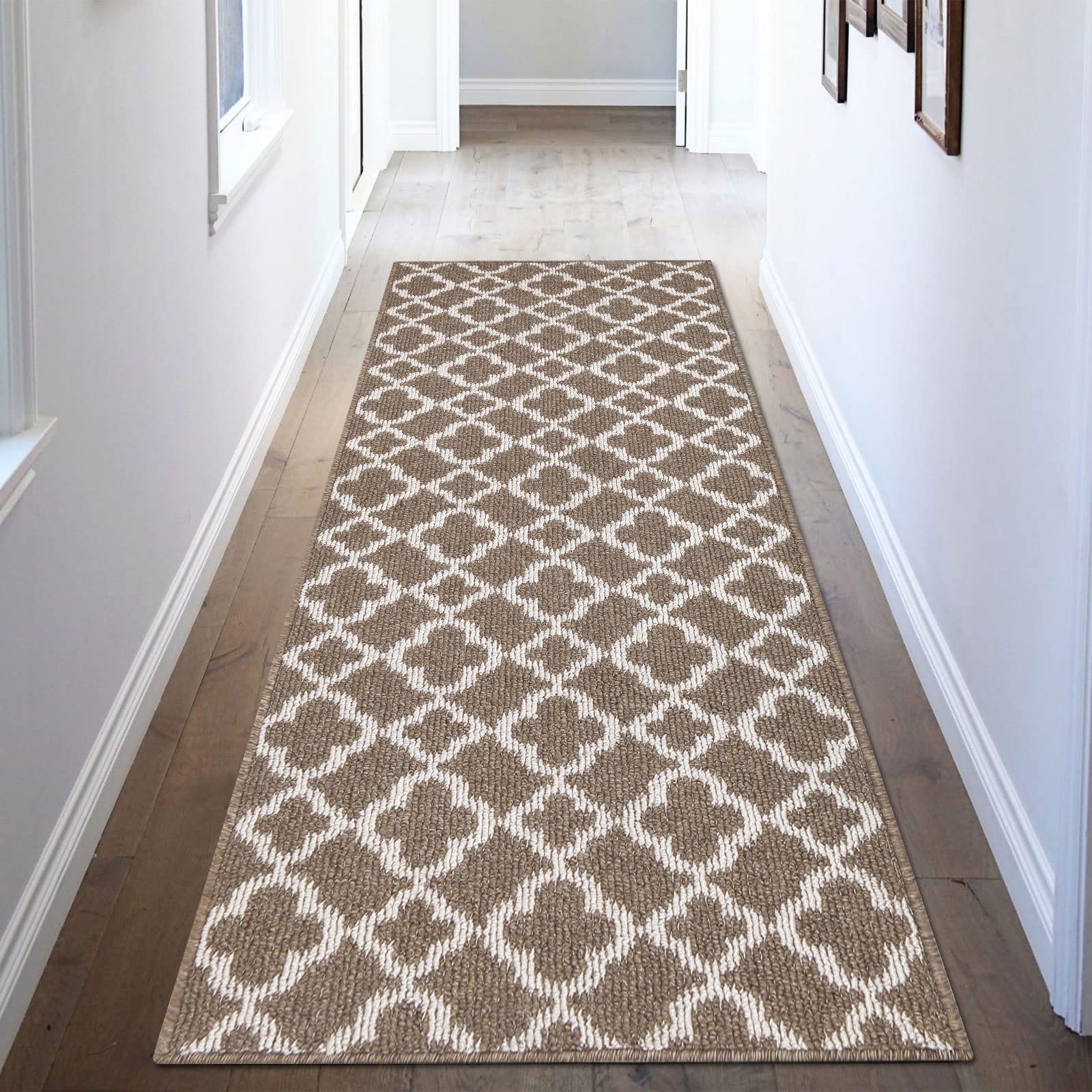 U'Artlines Moroccan Trellis Runner Rug for Hallway 2'x6' Long Farmhouse Kitchen Floor mat with Non Slip Rubber Backing Machine Washable Throw Rug Khaki Area Carpet for Laundry Entryway Bedroom Garage