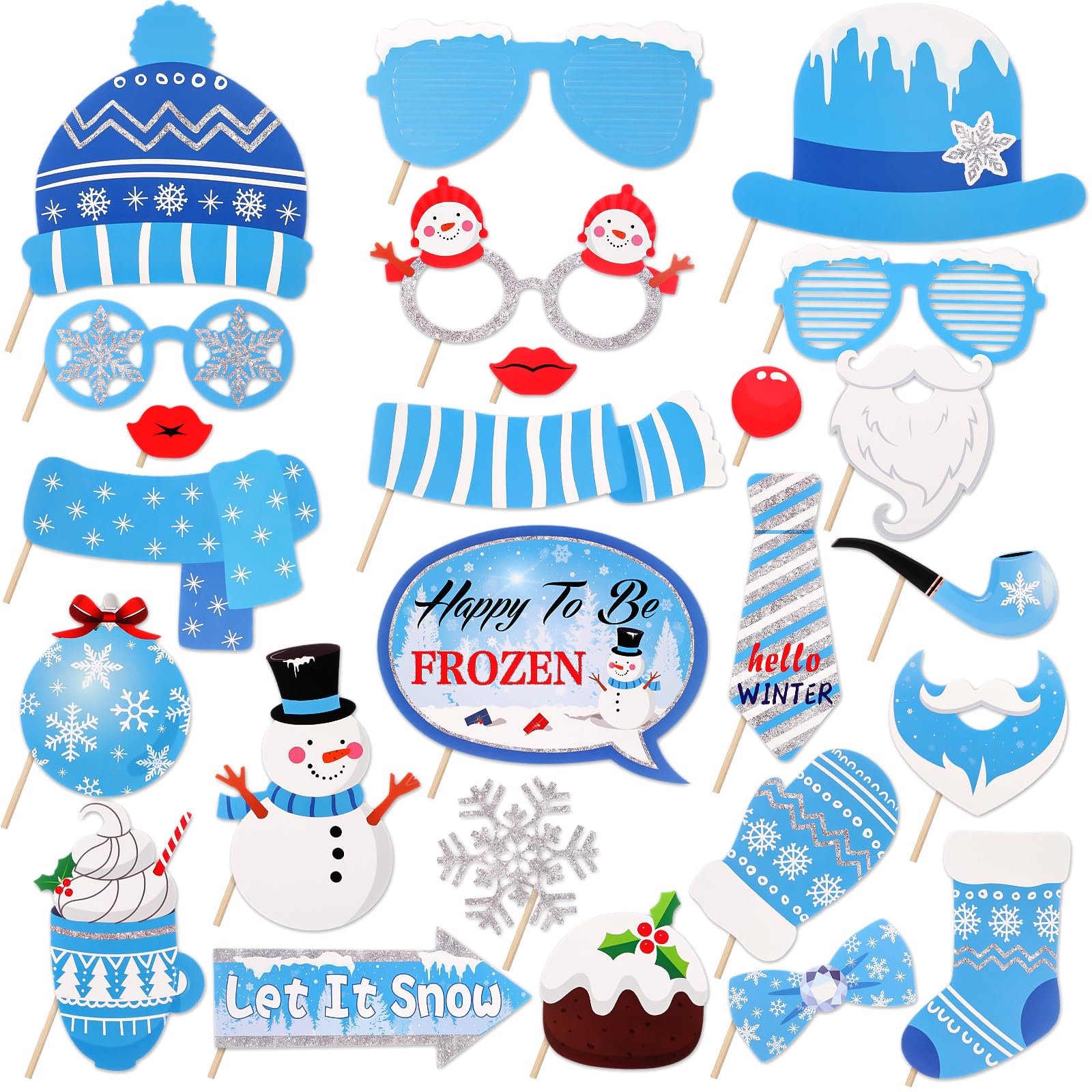 20 Count Snowman Photo Booth Props, Hello Winter Snowflake Decorations Let It Snow Froze Booth Props Winter Wonderland Party Decor Holiday Christmas Photo Booth Prop for Xmas Winter Party