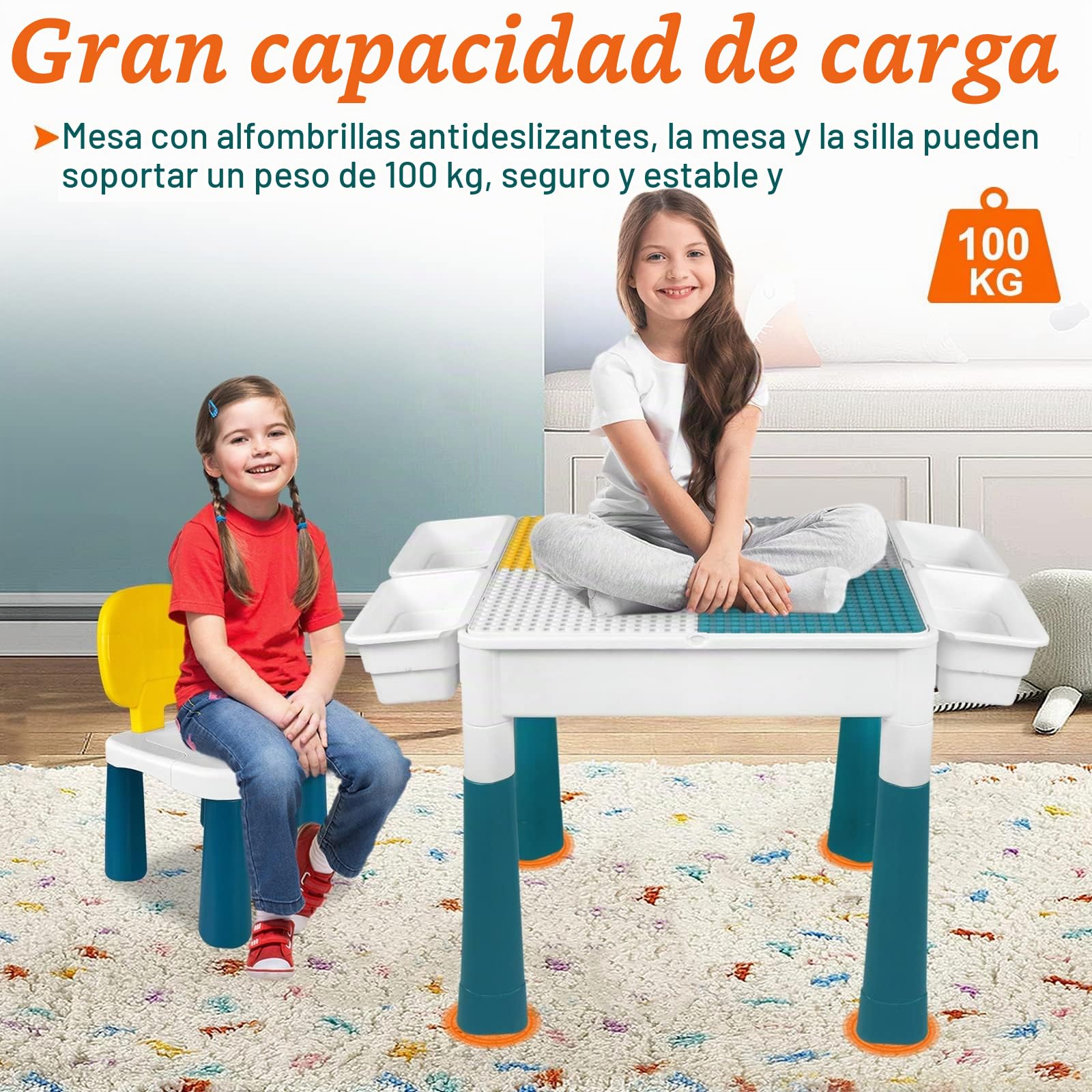 LZQ Mesa Infantil con sillas 6 en 1, Juego de Mesa y sillas para niños, con Bloques de construcción, Mesa de Juego con Espacio de Almacenamiento, Tablero de Doble Cara, Altura Ajustable