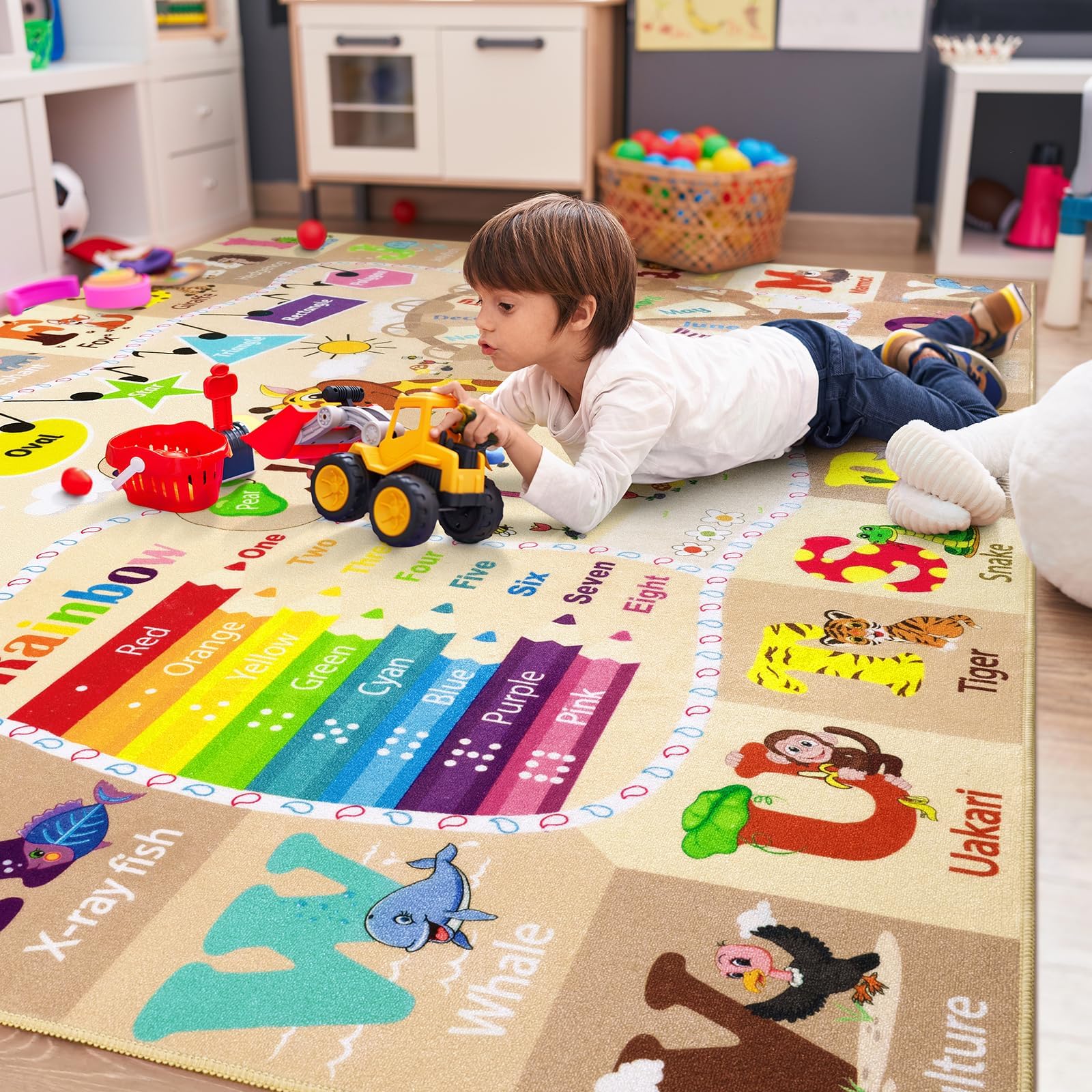 Grand tapis de salle de jeux pour enfants – Tapis éducatif et amusant avec lettres de l'alphabet ABC – Tapis lavable pour salle de classe – 152 x 24 cm – Beige