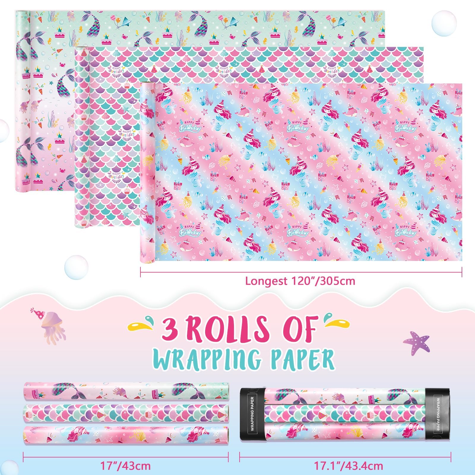 WERNNSAI Mermaid Wrapping Paper - 3 Rolls 17” x 120” Girls Birthday Wrapping Paper Rolls Mermaid Gift Wrap Paper Kids Pink Baby Shower Ocean Theme Party Gift Packing Supply with Cutting Lines
