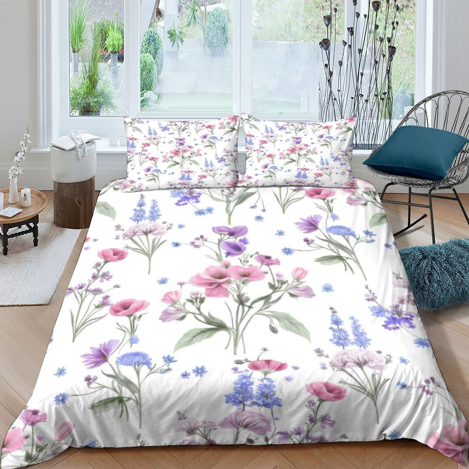GPLZQXKJNH 3D Printed Floral Wildflower Duvet Cover Microfiber Soft Breathable Meadow Bedding Set with 2 Pillowcases for Bedroom Decor Single（135x200cm）
