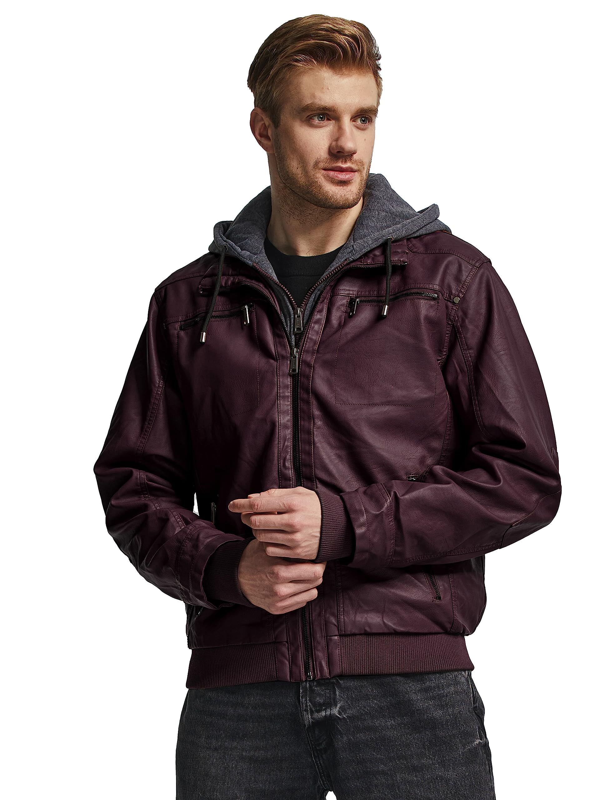 Wantdo Giacca in Pelle da Uomo Giubbotto con Cappuccio Rimovibile da Lavoro Mezza Stagione Primavera Antivento Antipioggia Giacca da Moto Casual