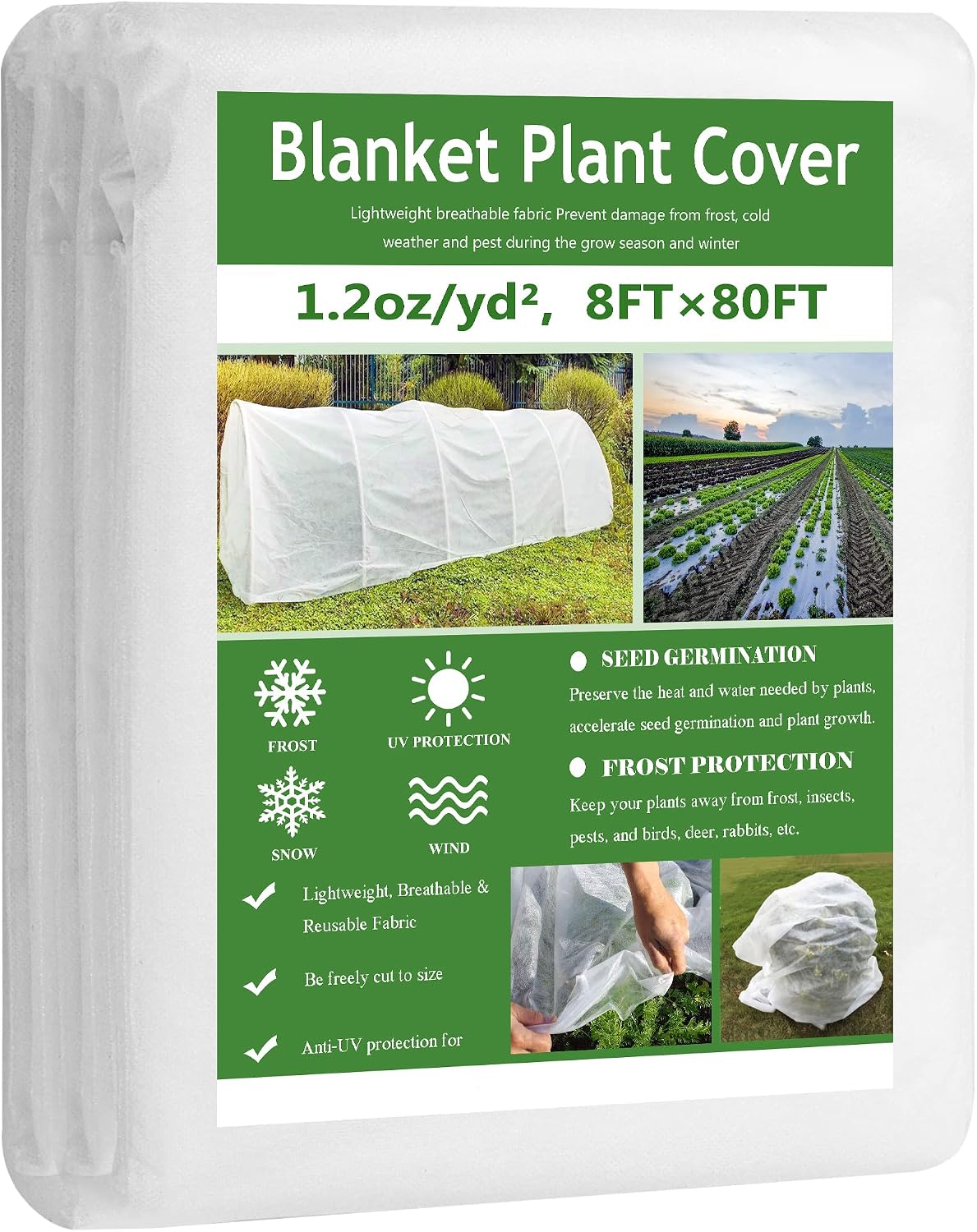 Garden expert Plant Covers Freeze Protection Floating Row Cover Thickened 1.2oz Fabric Frost Cloth Plant Blanket for Plants & Vegetables in Winter(8FTx80FT)