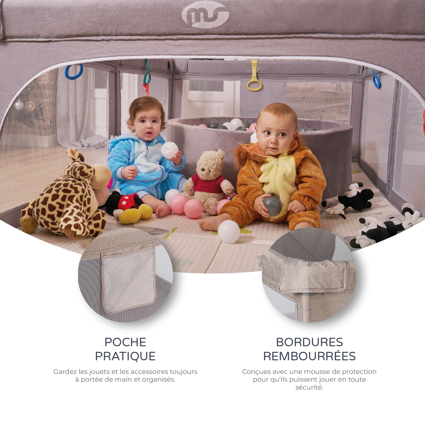 MS BabyWrld - PARC DE JEUX OXFORD - XXL - 200x180 - Parc pour bébé pliable | Aire de jeux pour bébé | Sécurisé | Avec ouvertures zippées et fenêtres en filet | Sac de transport (Beige, 120 * 120)