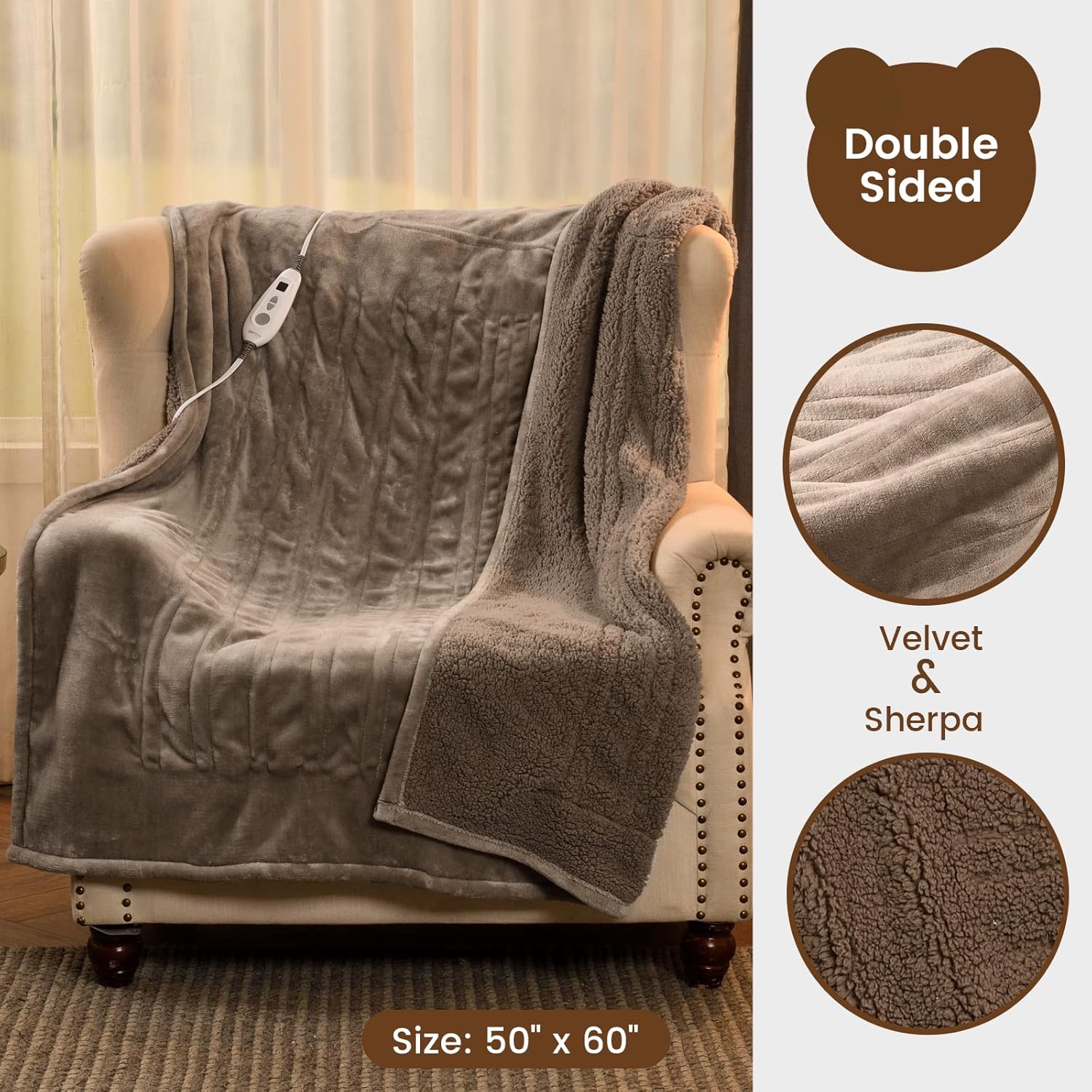 Bearhug Electric Throw Blanket 50" x 60", Reversible Velvet & Sherpa Heated Throw, 6 Heating Levels & 4H Auto Off, Over-Heat Protect, ETL Certification, Machine Washable - Image 2