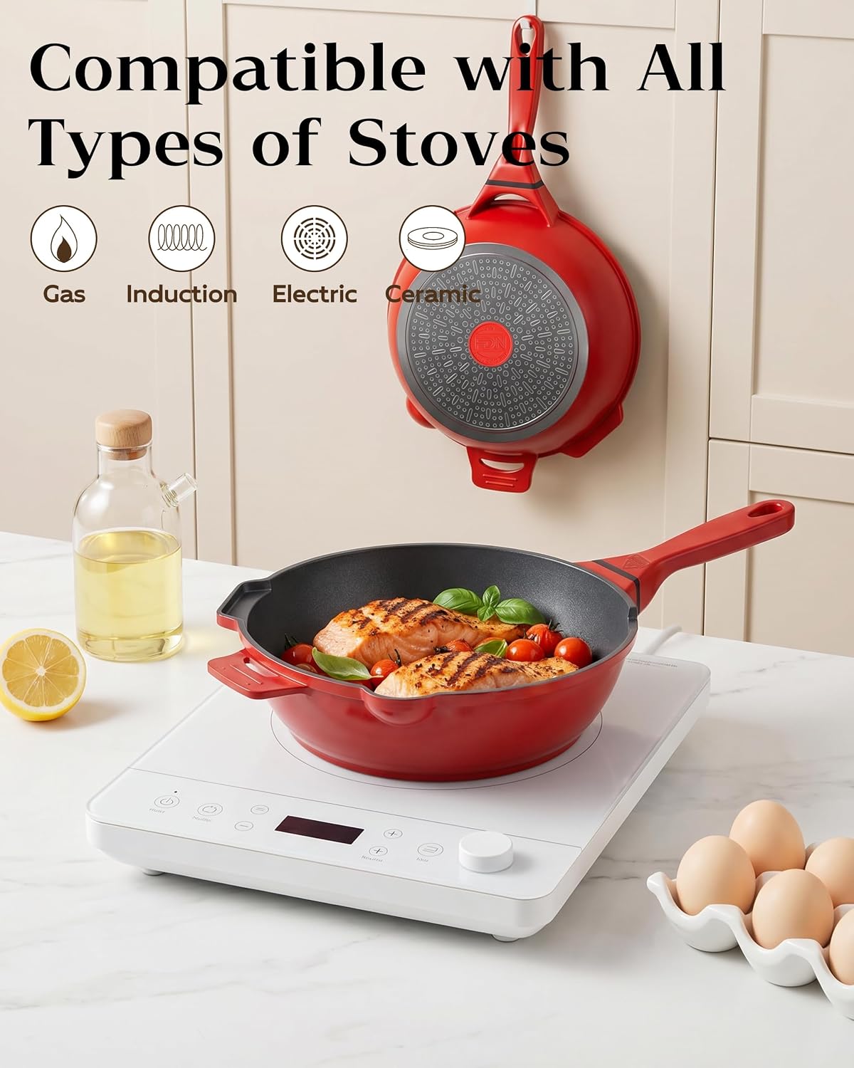 FDN 10 in 1 Saute Pan With Lid, 10 Inch Frying Pan With Deep Fry Basket, Non Toxic PFAS-Free Cooking Pan, Induction Oven & Dishwasher Safe, Red For Daily Cooking
