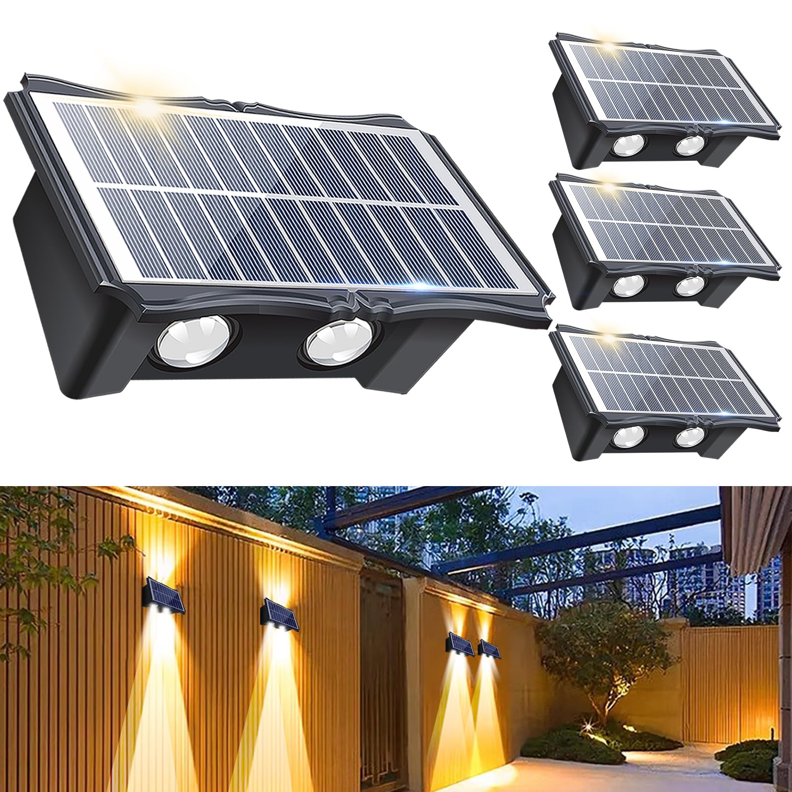 Solar Wall Lights Outdoor Up and Down, 4 Pack Solar Deck Lights, Solar Powered Lights, Waterproof Warm and White Lighting Modes for Yard, Porch, Garage, Decoration