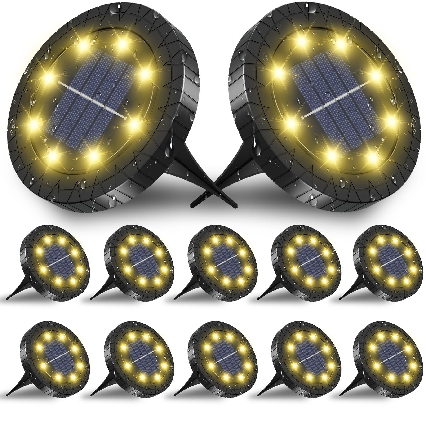 Solarna lampa podłogowa o ciepłej barwie bieli, 8 diod LED, lampy solarne do użytku na zewnątrz, opakowanie 12 sztuk - Solarne lampy ogrodowe LED, wodoodporna lampa podłogowa IP65