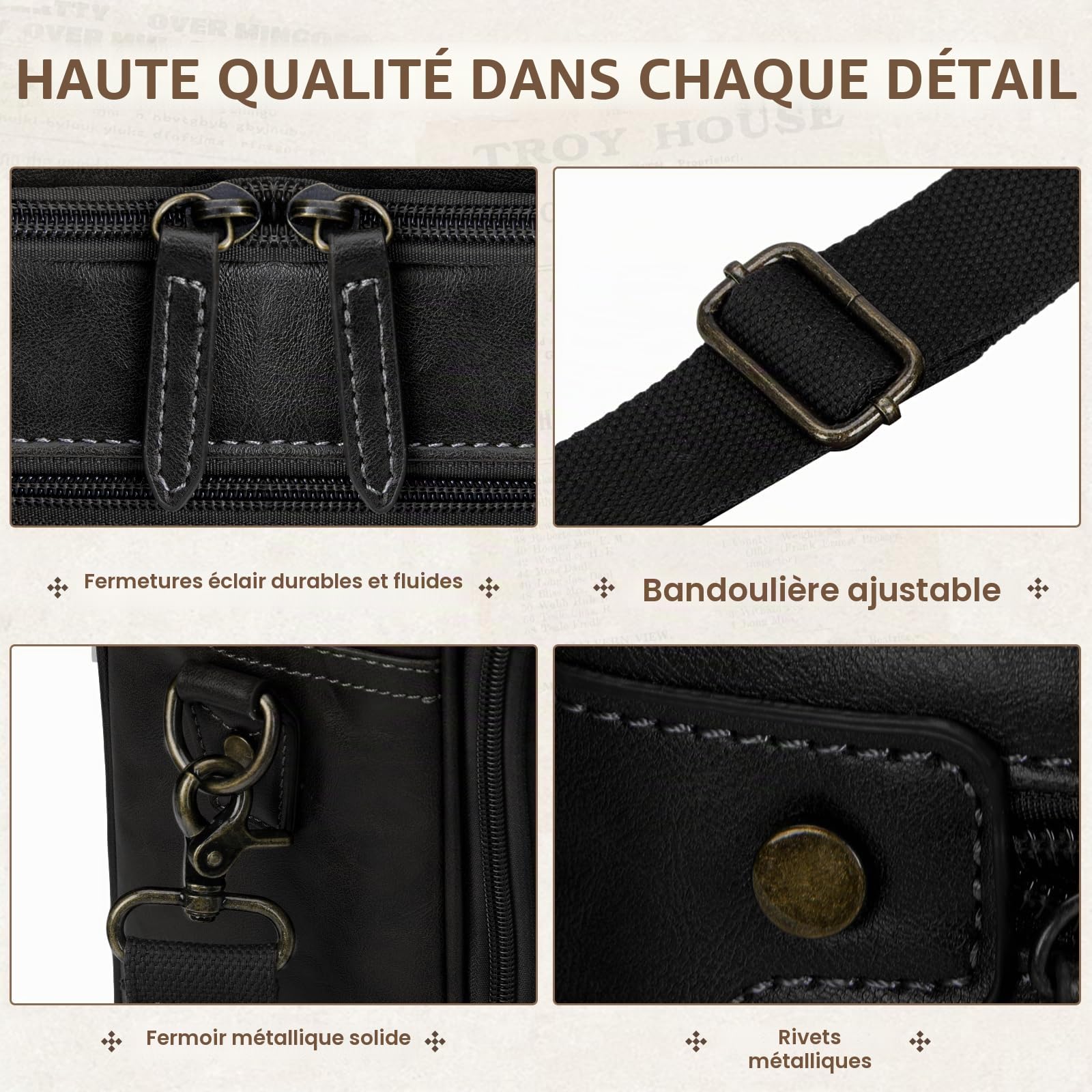 RAINSMORE Sacoche Ordinateur Homme 16 Pouces Cartable Homme Cuir PU Sac Bandoulière Imperméable Porte Document pour Travail Affaires Collège