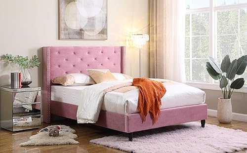 HomeLife Premiere Classics - Cama de plataforma 007 con listones de terciopelo rosa de 51 pulgadas de alto, incluye cama de plataforma 007