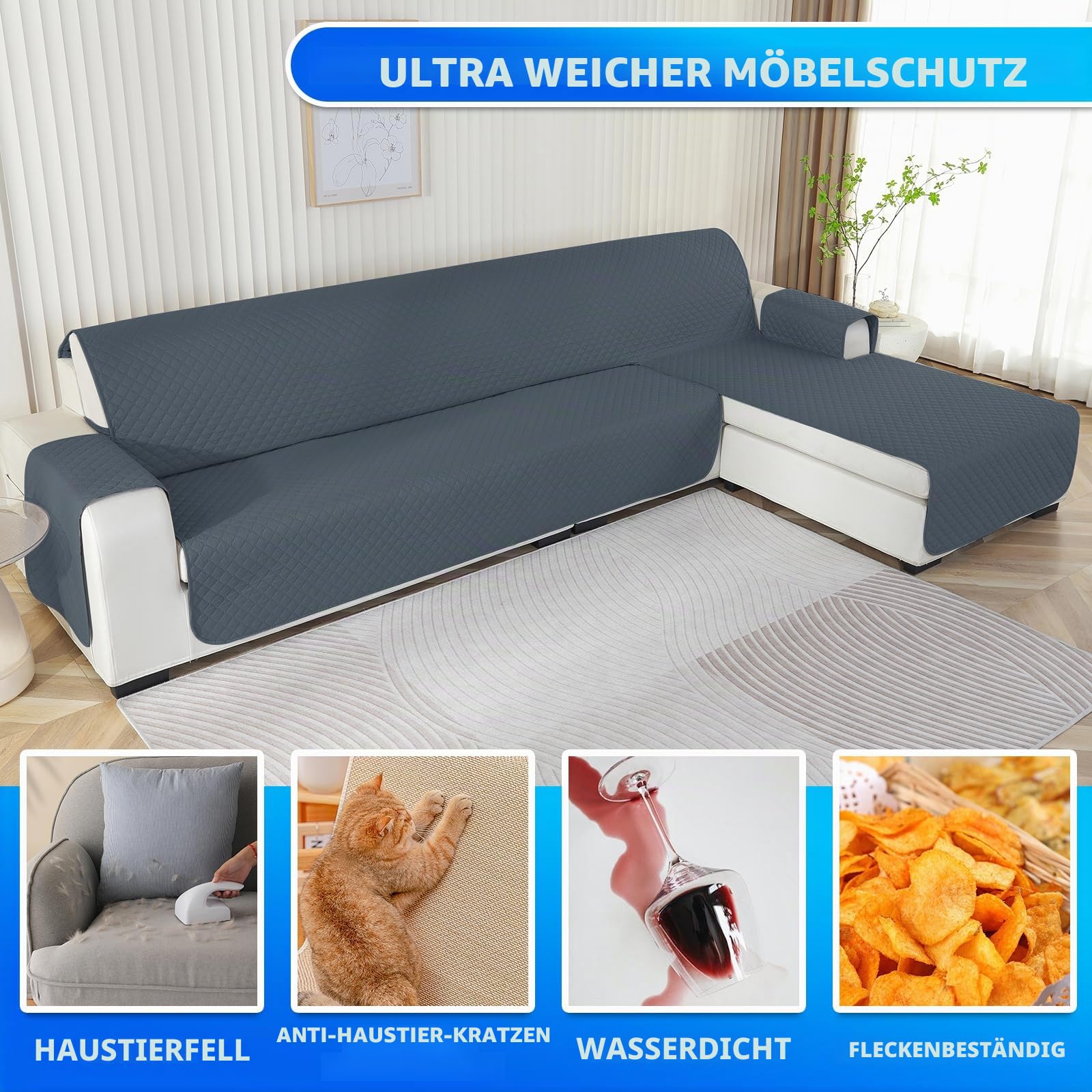 Wasserdicht Sofabezug L Form 2 Sitzer, Couch Überzug L Form Mit Armlehne rutschfest, Ecksofa Bezug Rechts/Links Universal Für Hund Katze, Graublau