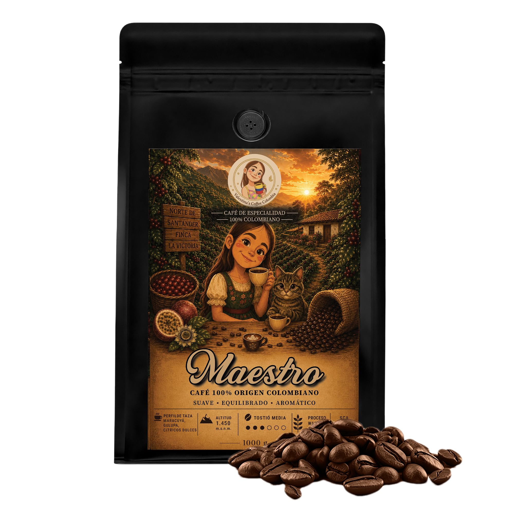 Valentina's Coffee | Maestro | 1000 gr | En Grano | Sabor Maracuya gulupa y un toque de citricos dulces | Intensidad Media | 100% Café Colombiano de Especialidad