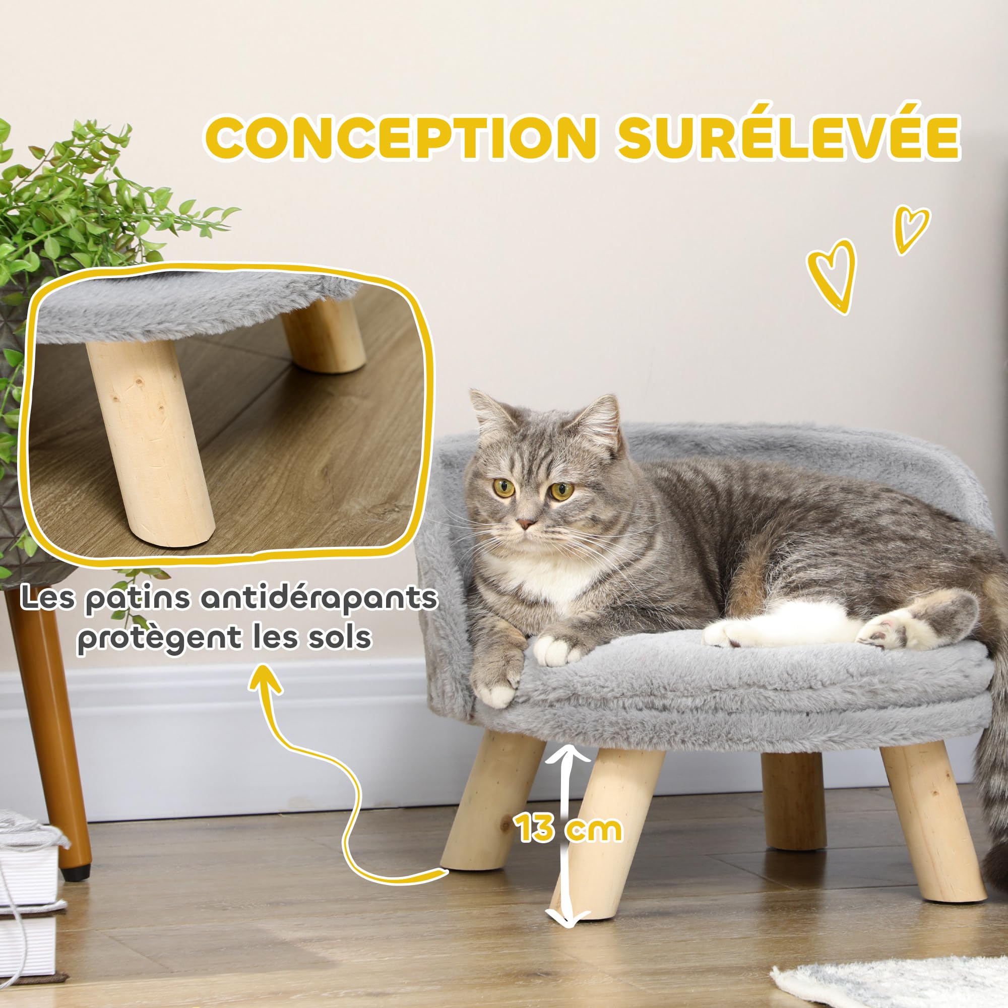 PawHut Canapé lit Panier pour Chien Design scandinave Coussin Moelleux Amovible Pieds en Bois Ø 40,5 x 33H cm Gris