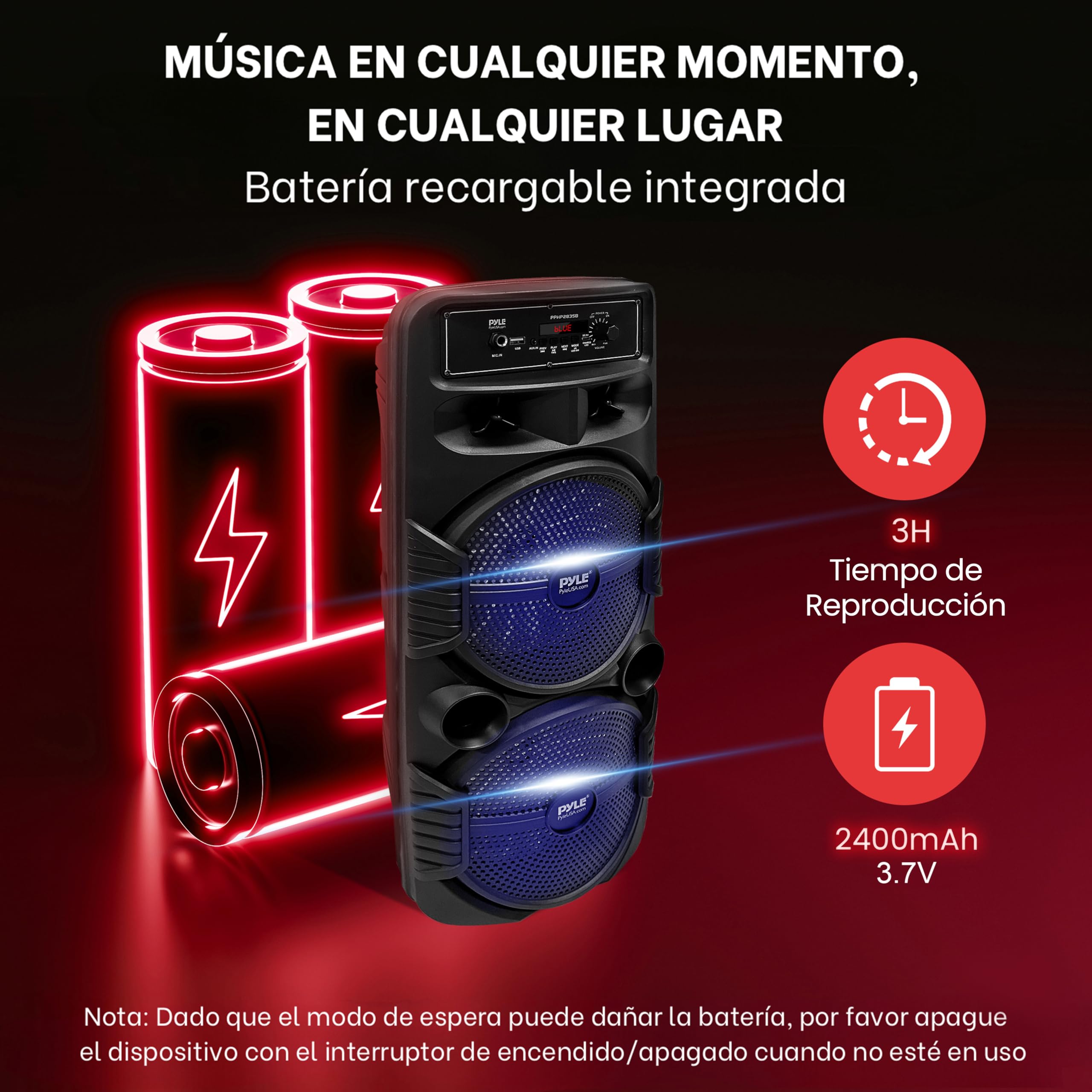 Pyle Sistema de Altavoces, PA, 600W, Bluetooth, Portatil, Recargable, Interiores, Exteriores, Subwoofer de 8”, Tweeter de 1”, función de grabación, micrófono, Luces de Fiesta, Radio USB/SD, Negro