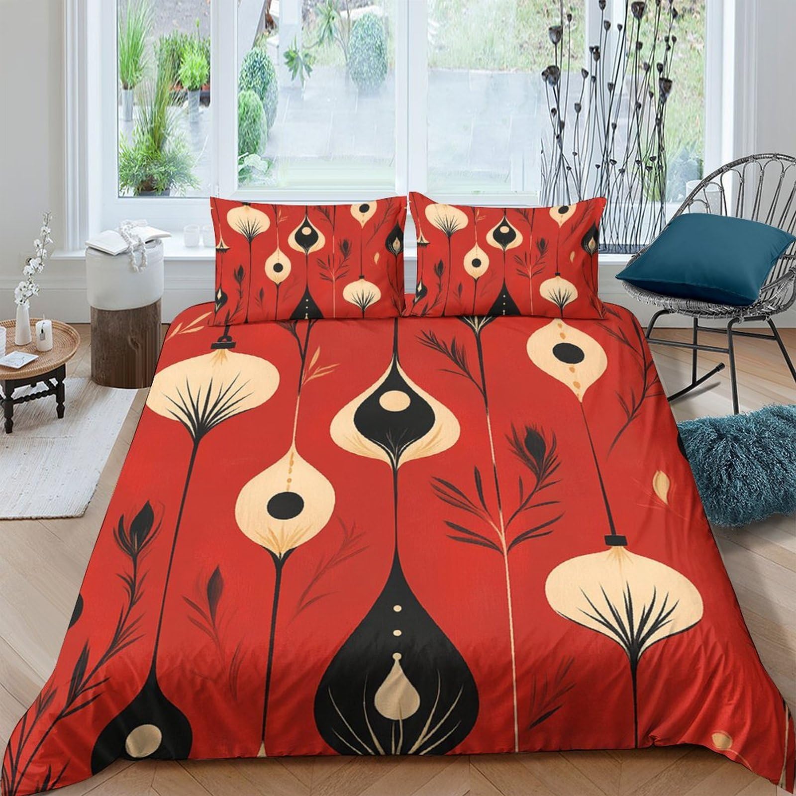 Ctjqhvkz Style-10 3D Printed Red Abstract Floral Fitted Sheet Microfiber Soft Breathable Retro Botanical Mattress Cover For Bedroom Dorm Decor Single（135X200cm）