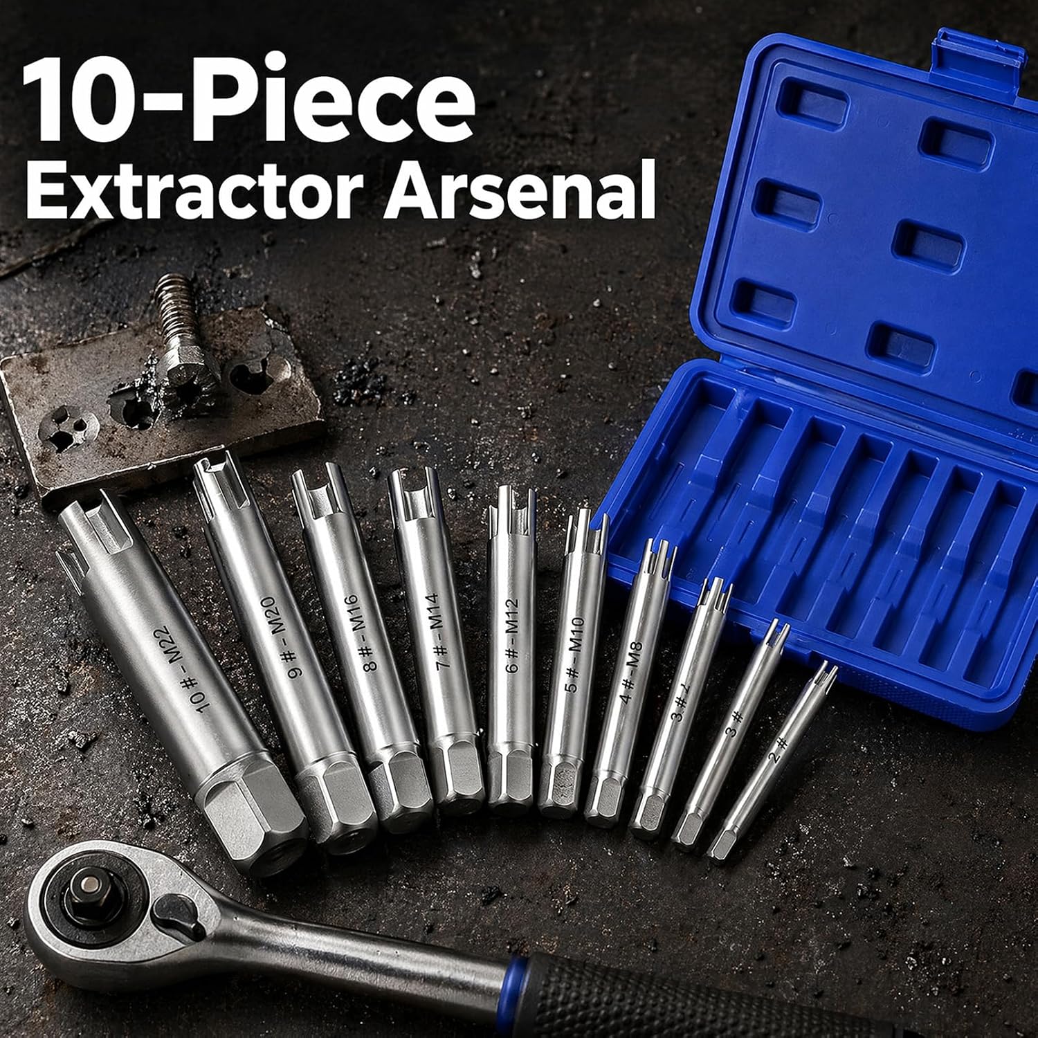 10Pcs Screw Tap Extractor Set, Steel Broken Head Taps Remover Stripped Screw Tap Extractor Set with Box for Home Repair Work,Ten-Piece Set (#C 656g/23.1oz)