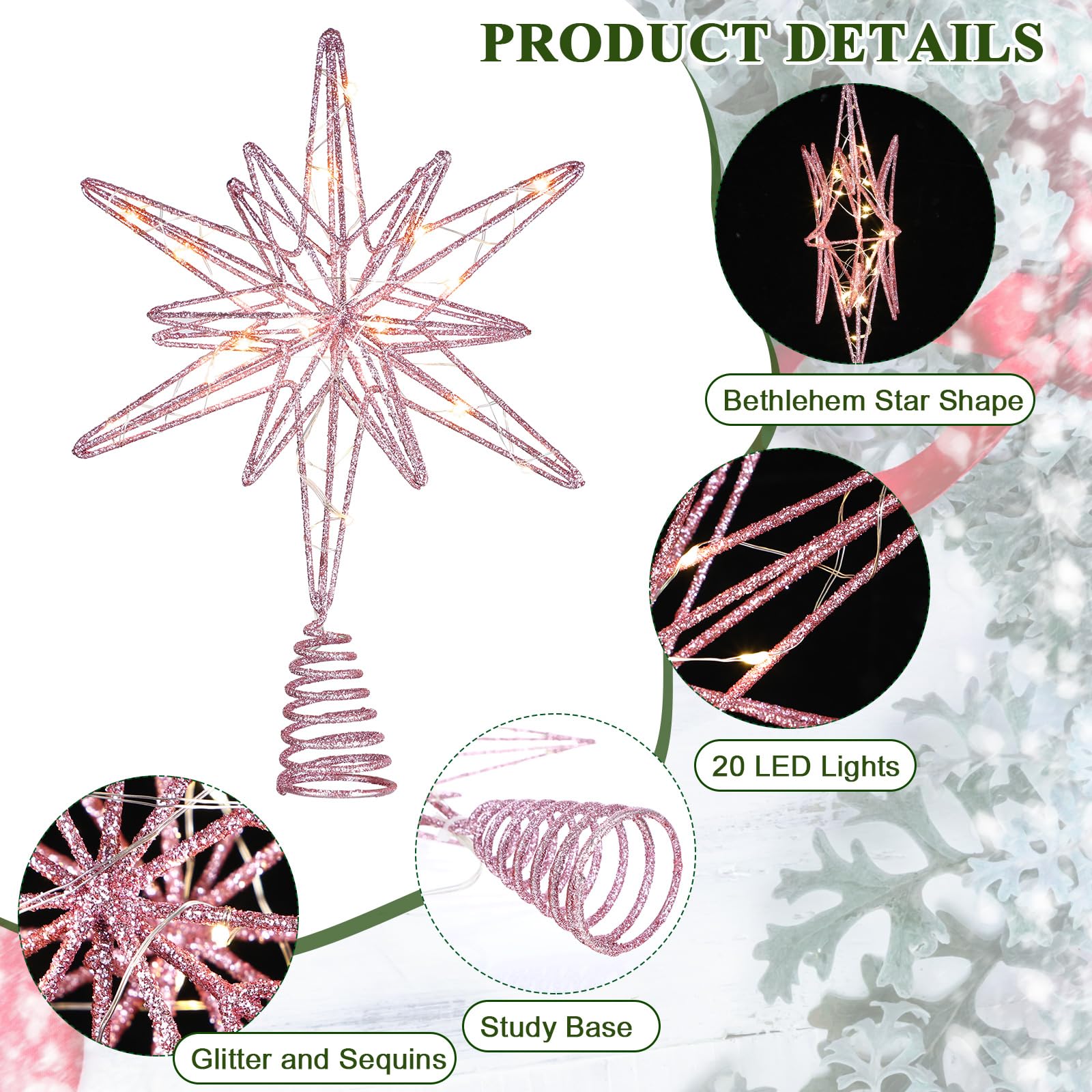 Grande puntale per albero di Natale a forma di stella con 20 luci a LED, 31,8 cm, scintillante, scintillante, decorazione per la casa, le vacanze, le feste (rosa)