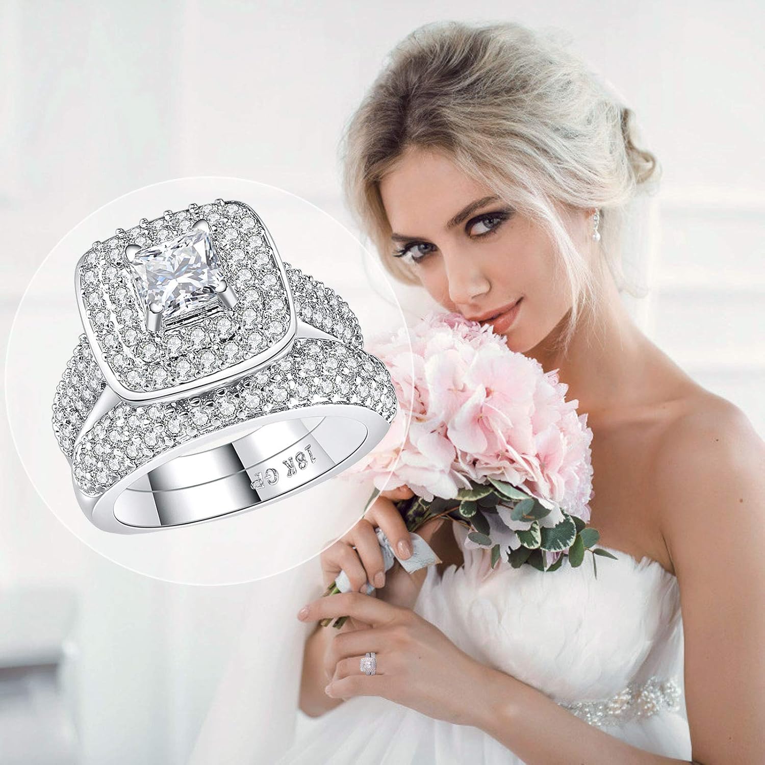 Princess Wedding Rings for Women Engagement Band Bridal Set 18k White Gold Plated Square 1.8Ct Cz Size 5-10 - Image 2