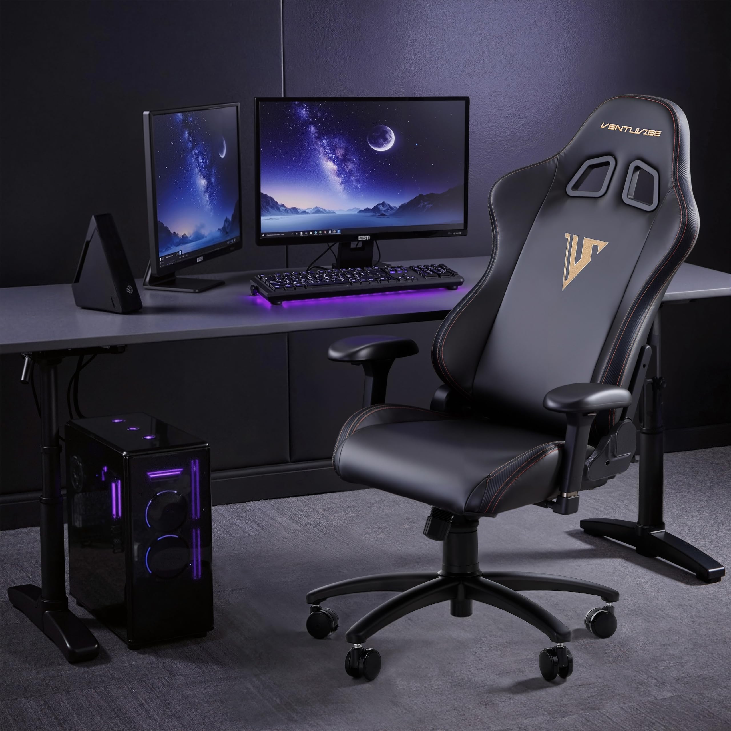 Silla de videojuegos, silla ergonómica negra para adultos, silla de jugador grande y alta con reposacabezas de espuma viscoelástica, reposabrazos ajustables 4D, respaldo alto reclinable de piel 6