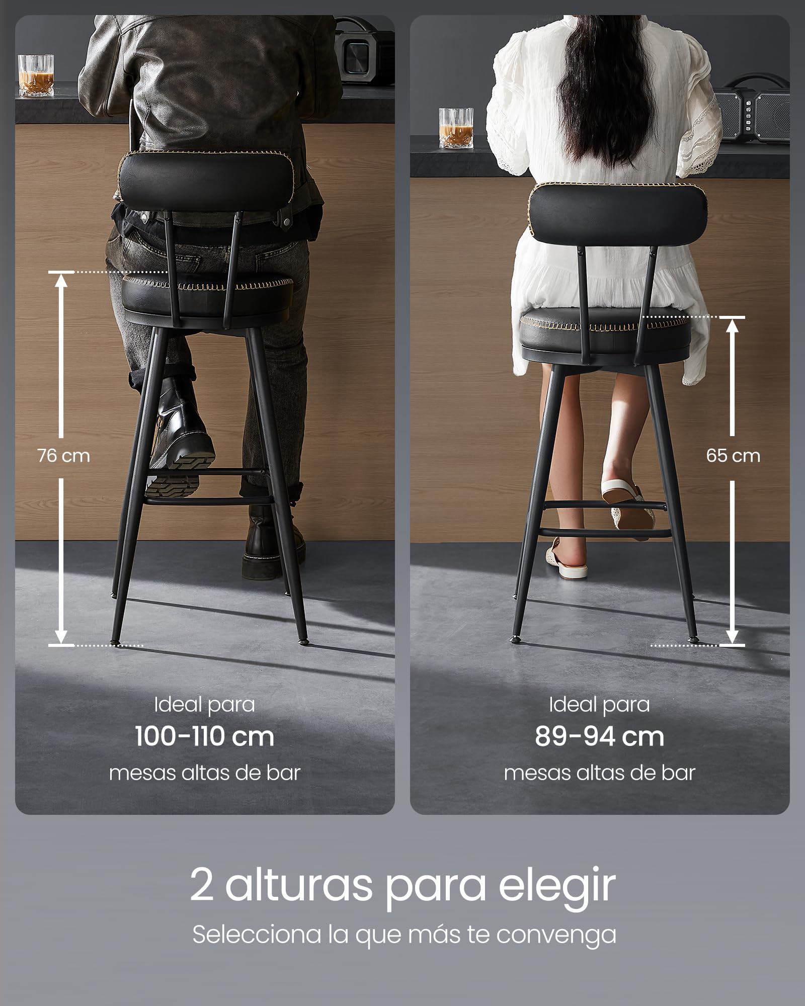 VASAGLE EKHO Colección - Taburetes de Bar Giratorias 360°, Juego de 2, Sillas de Barra con Respaldo, Cuero Sintético con Costuras, Moderno Siglo Medio, Altura 65 cm, Negro Tinta LBC089B01V2